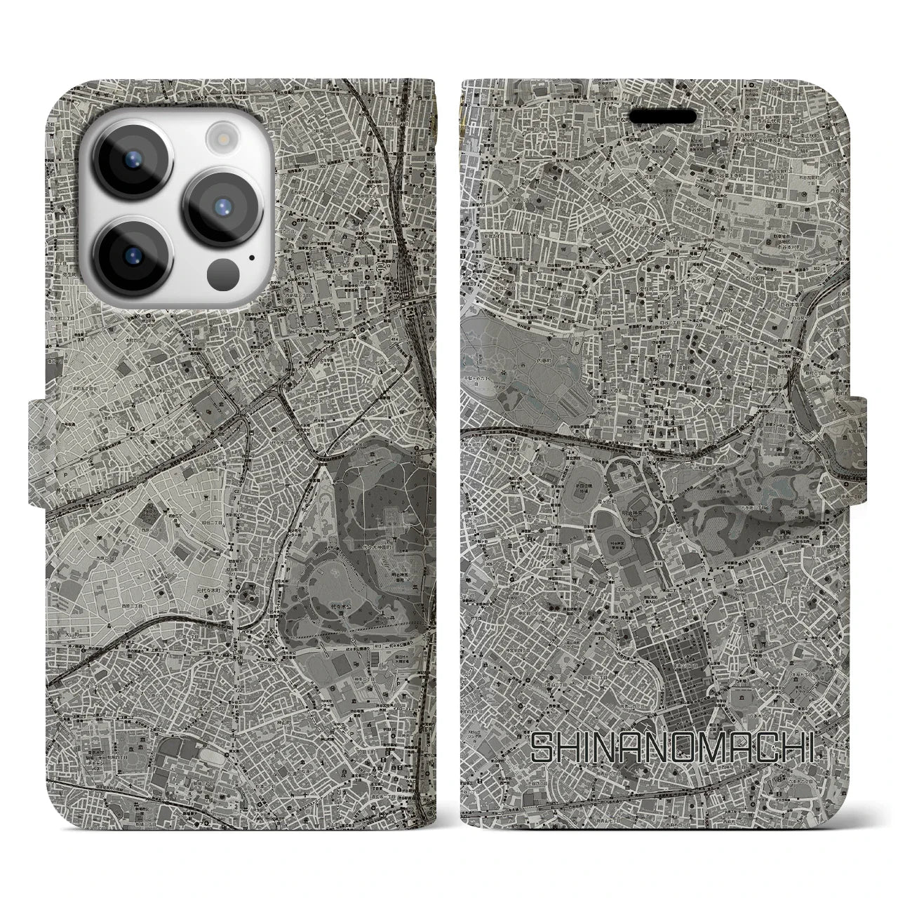 【信濃町(東京都)】地図柄iPhoneケース(手帳タイプ)モノトーン・iPhone 14 Pro 用