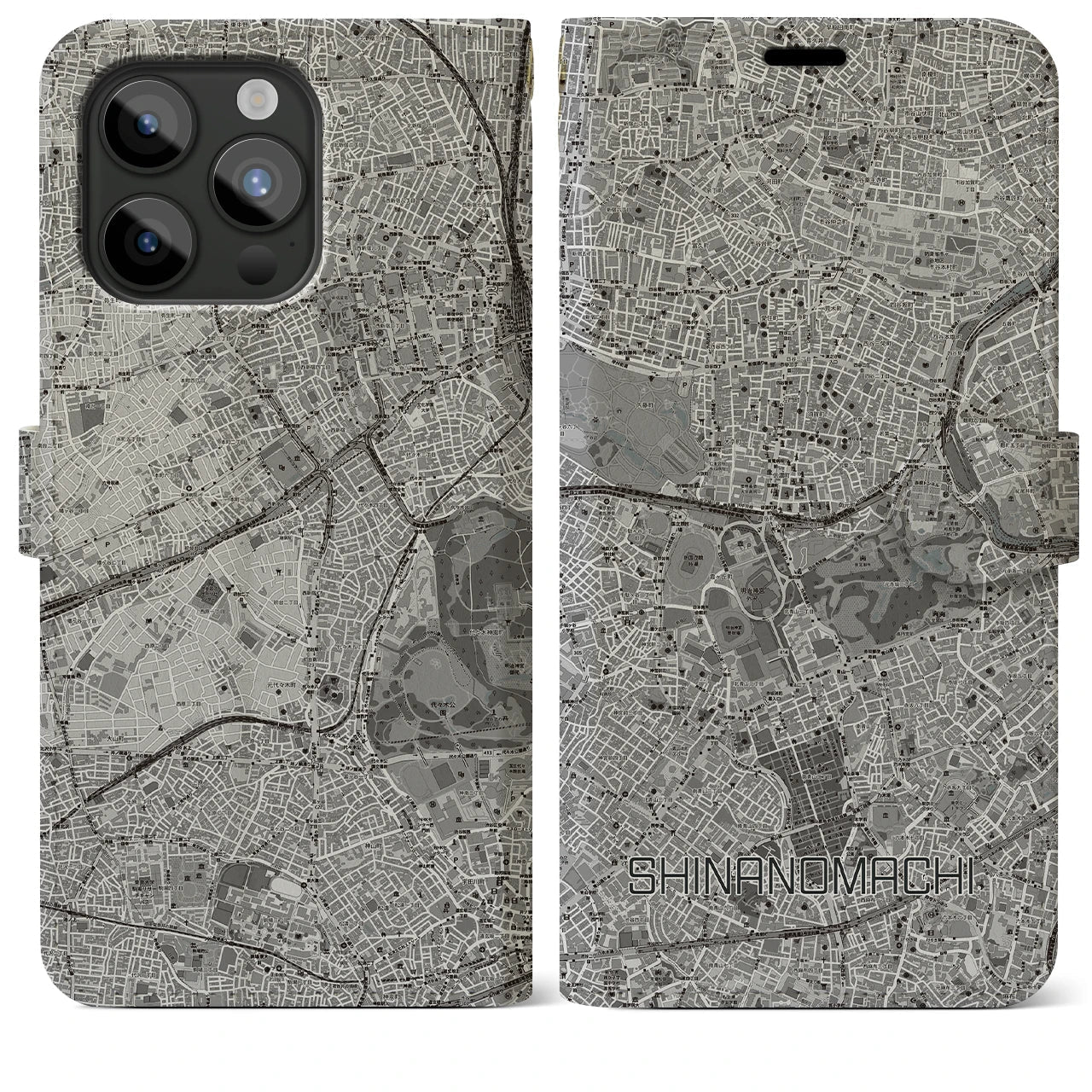 【信濃町(東京都)】地図柄iPhoneケース(手帳タイプ)モノトーン・iPhone 15 Pro Max 用