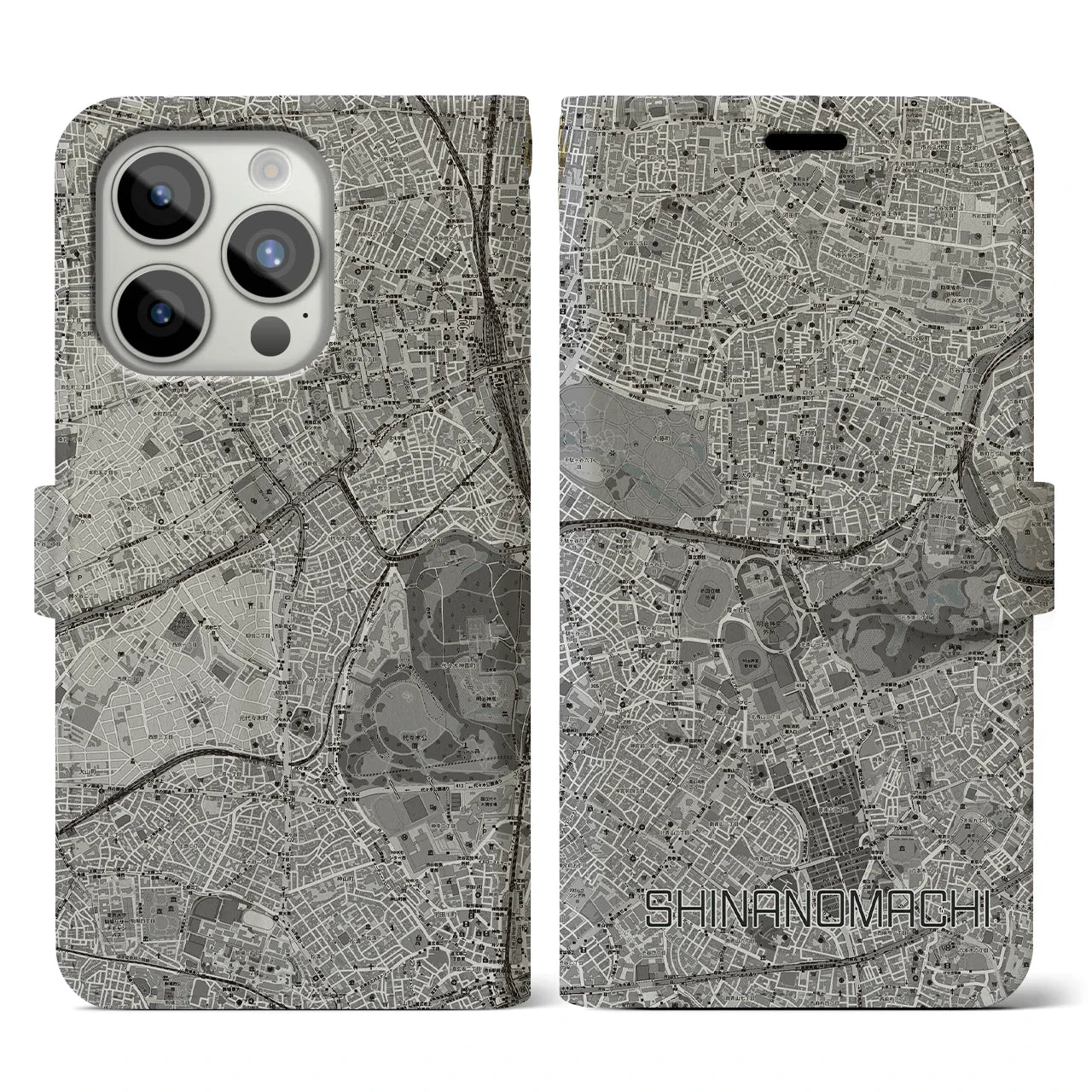 【信濃町(東京都)】地図柄iPhoneケース(手帳タイプ)モノトーン・iPhone 15 Pro 用