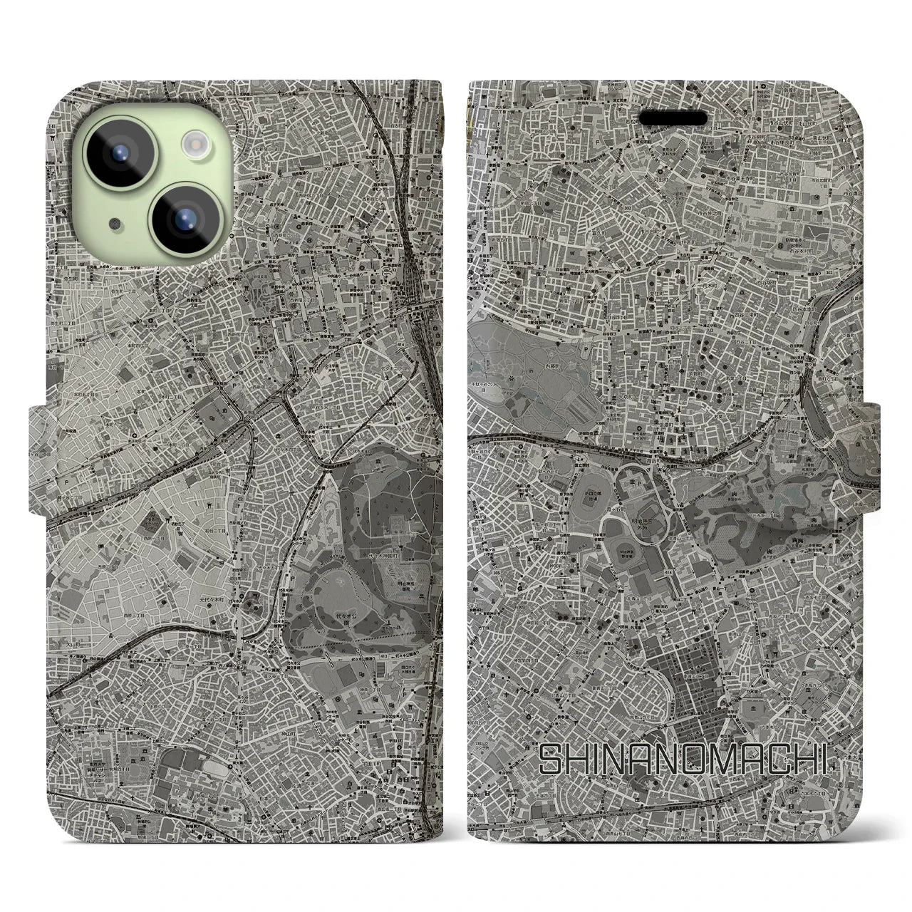 【信濃町(東京都)】地図柄iPhoneケース(手帳タイプ)モノトーン・iPhone 15 用