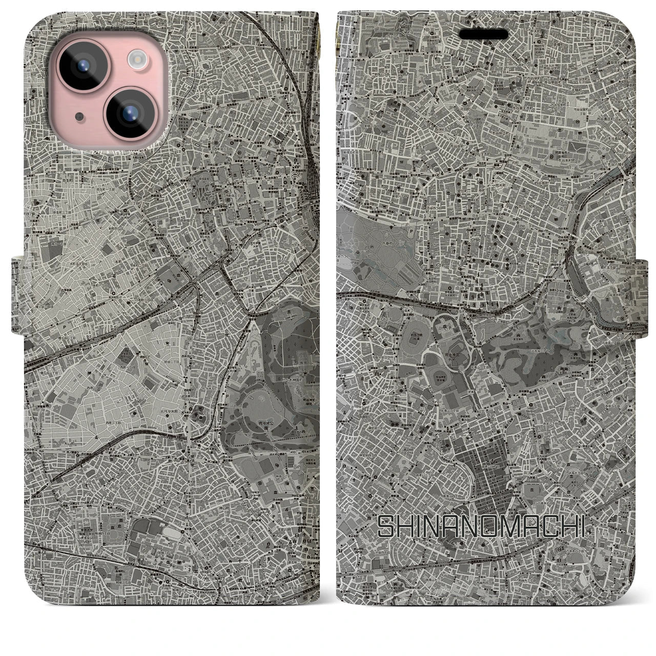 【信濃町(東京都)】地図柄iPhoneケース(手帳タイプ)モノトーン・iPhone 15 Plus 用