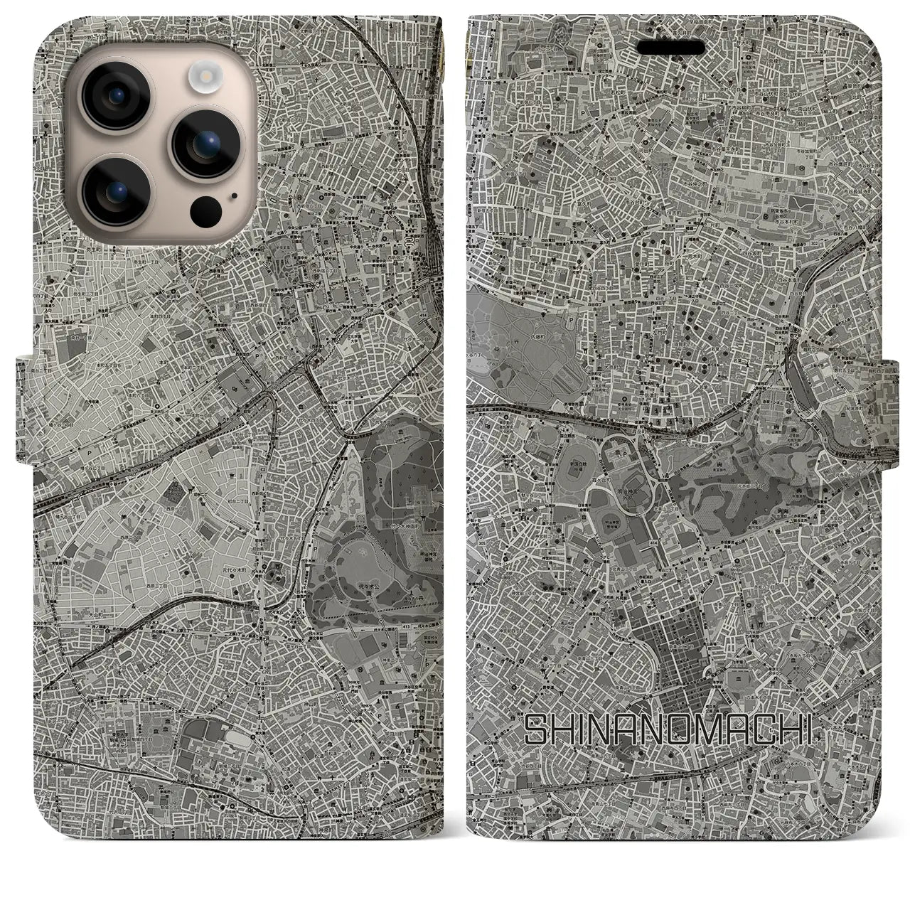 【信濃町(東京都)】地図柄iPhoneケース(手帳タイプ)モノトーン・iPhone 16 Plus 用