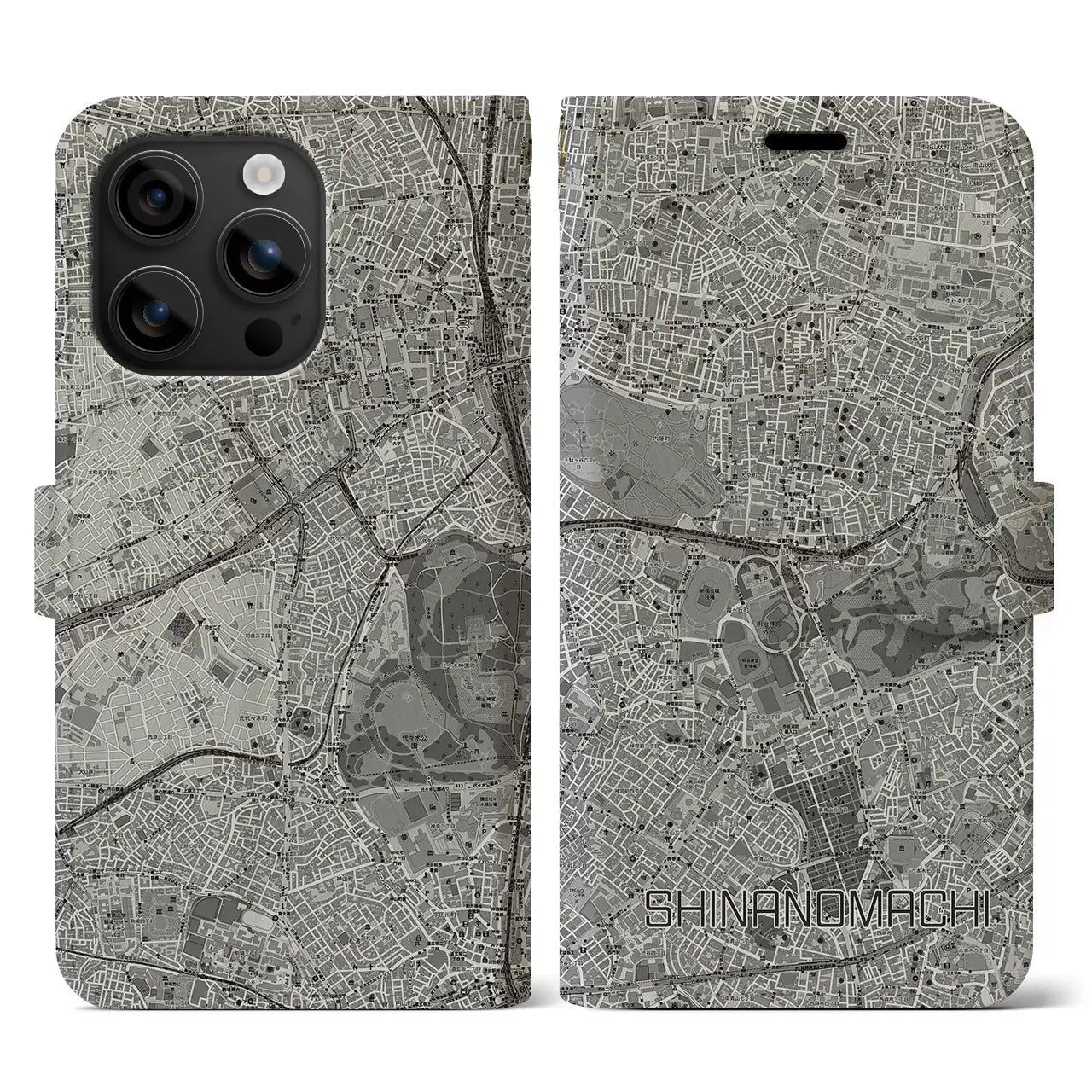 【信濃町(東京都)】地図柄iPhoneケース(手帳タイプ)モノトーン・iPhone 16 用