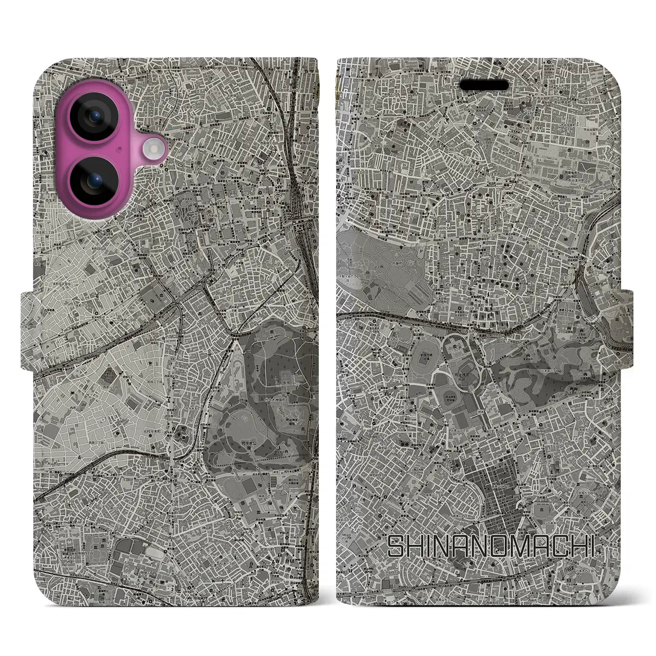 【信濃町(東京都)】地図柄iPhoneケース(手帳タイプ)モノトーン・iPhone 16 Pro 用