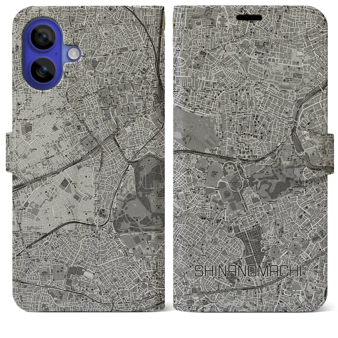 【信濃町(東京都)】地図柄iPhoneケース(手帳タイプ)モノトーン・iPhone 16 Pro Max 用