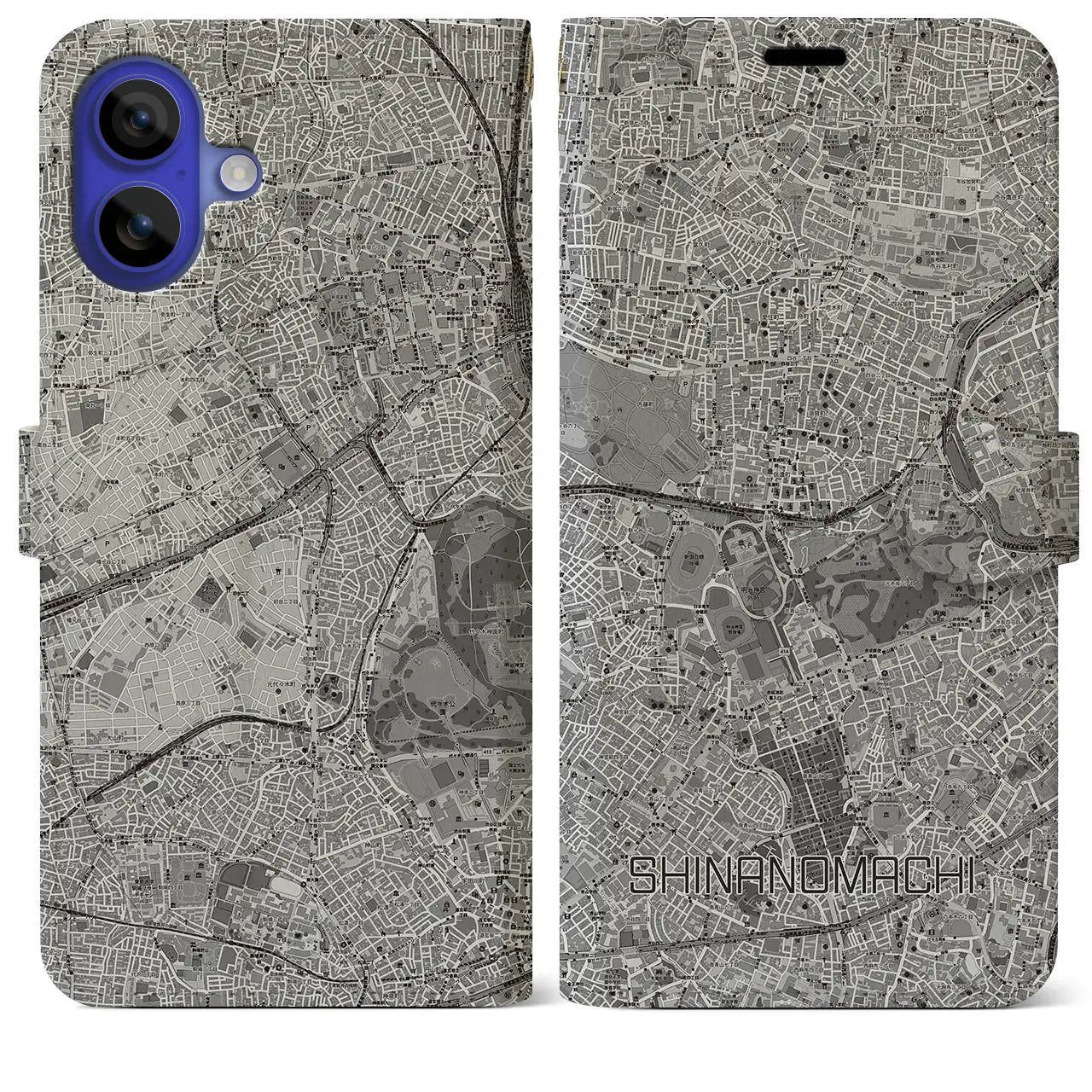 【信濃町(東京都)】地図柄iPhoneケース(手帳タイプ)モノトーン・iPhone 16 Pro Max 用