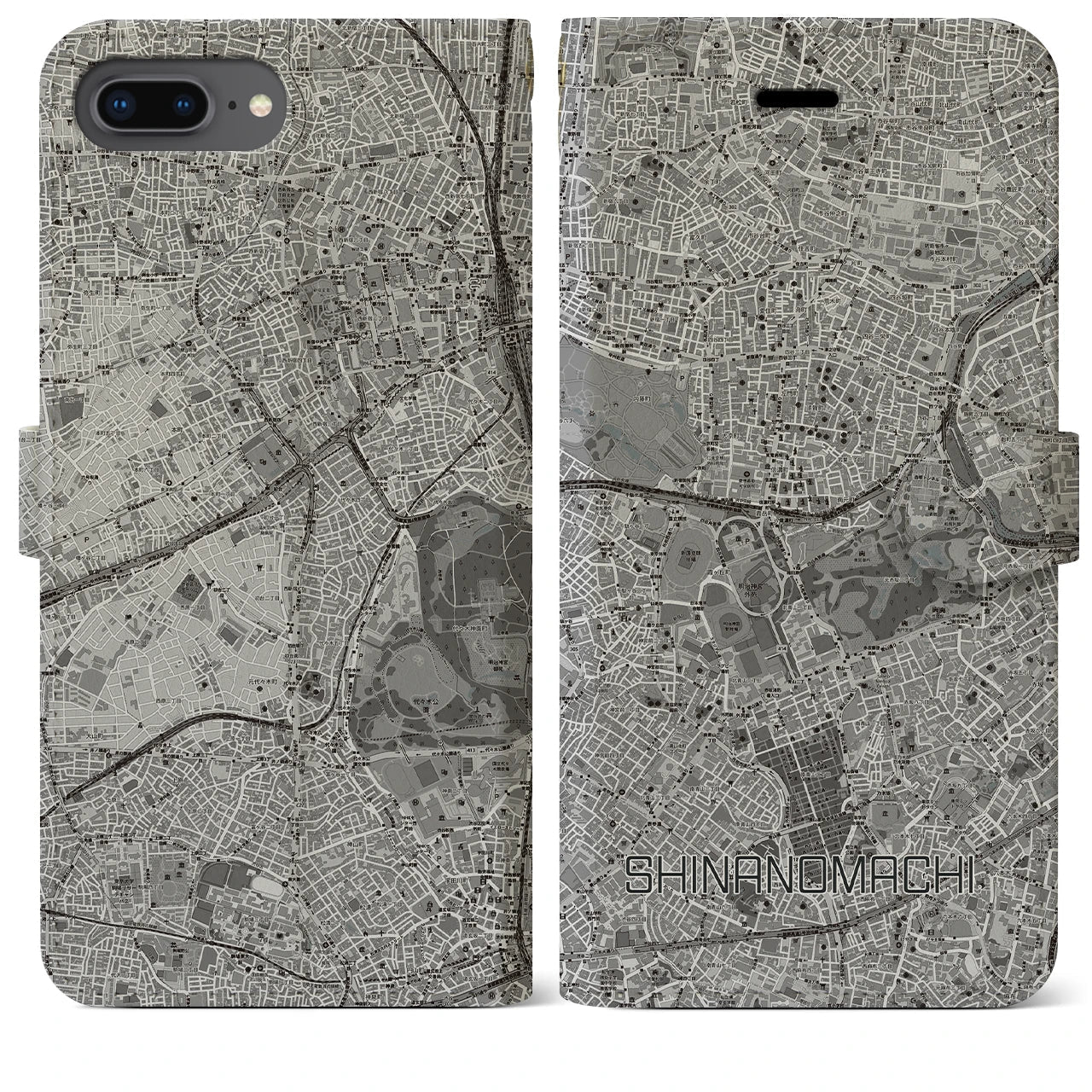 【信濃町(東京都)】地図柄iPhoneケース(手帳タイプ)モノトーン・iPhone 8Plus /7Plus / 6sPlus / 6Plus 用