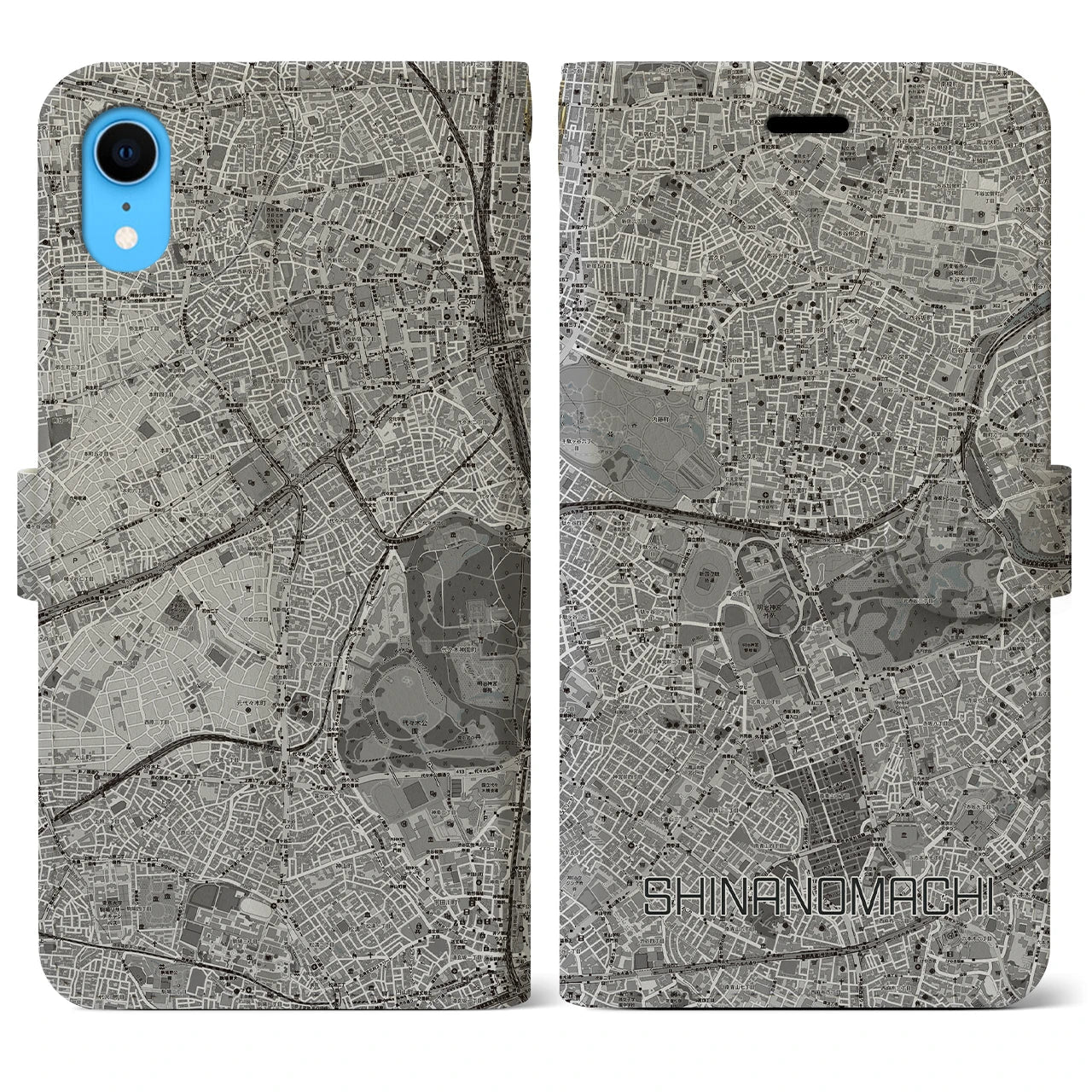 【信濃町(東京都)】地図柄iPhoneケース(手帳タイプ)モノトーン・iPhone XR 用