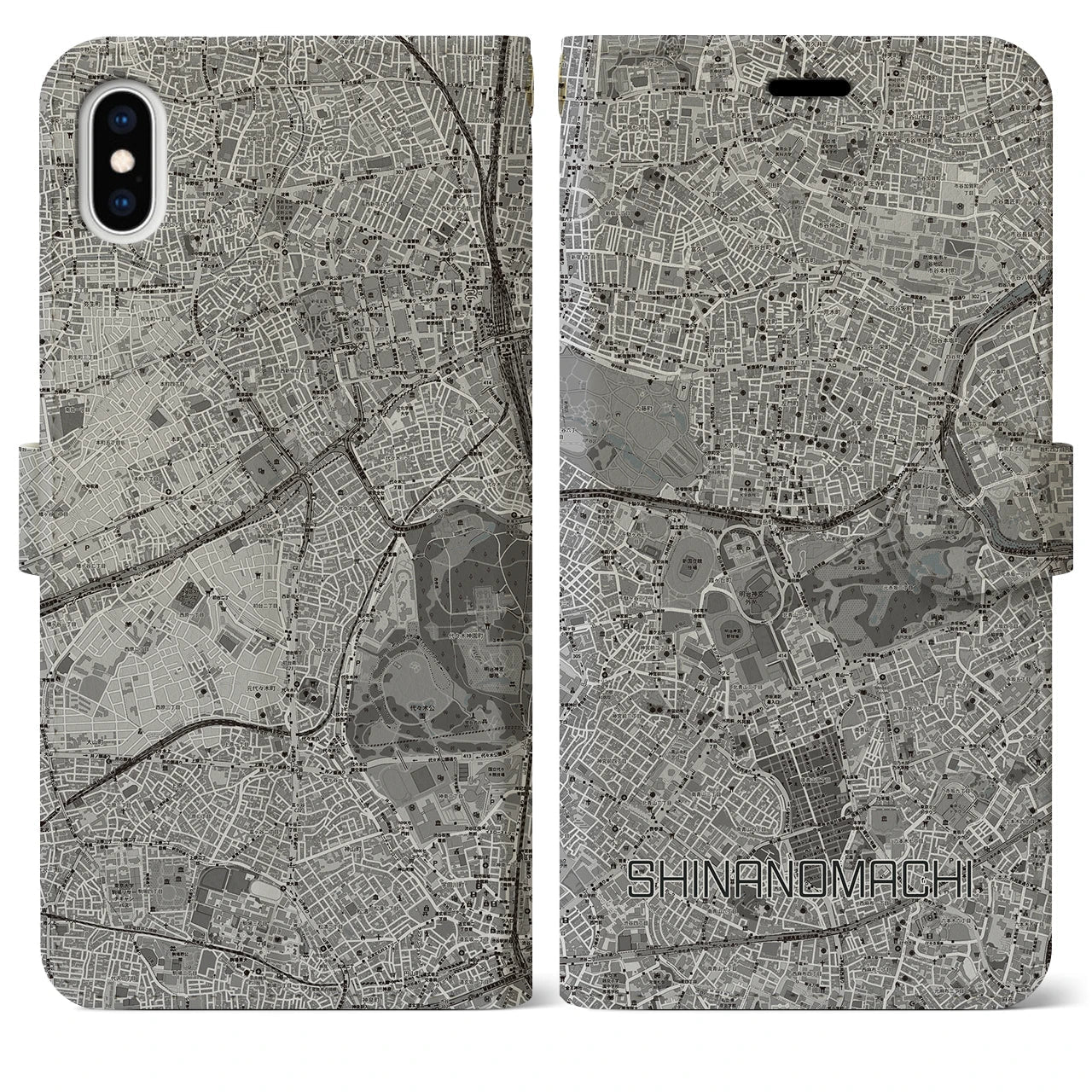 【信濃町(東京都)】地図柄iPhoneケース(手帳タイプ)モノトーン・iPhone XS Max 用