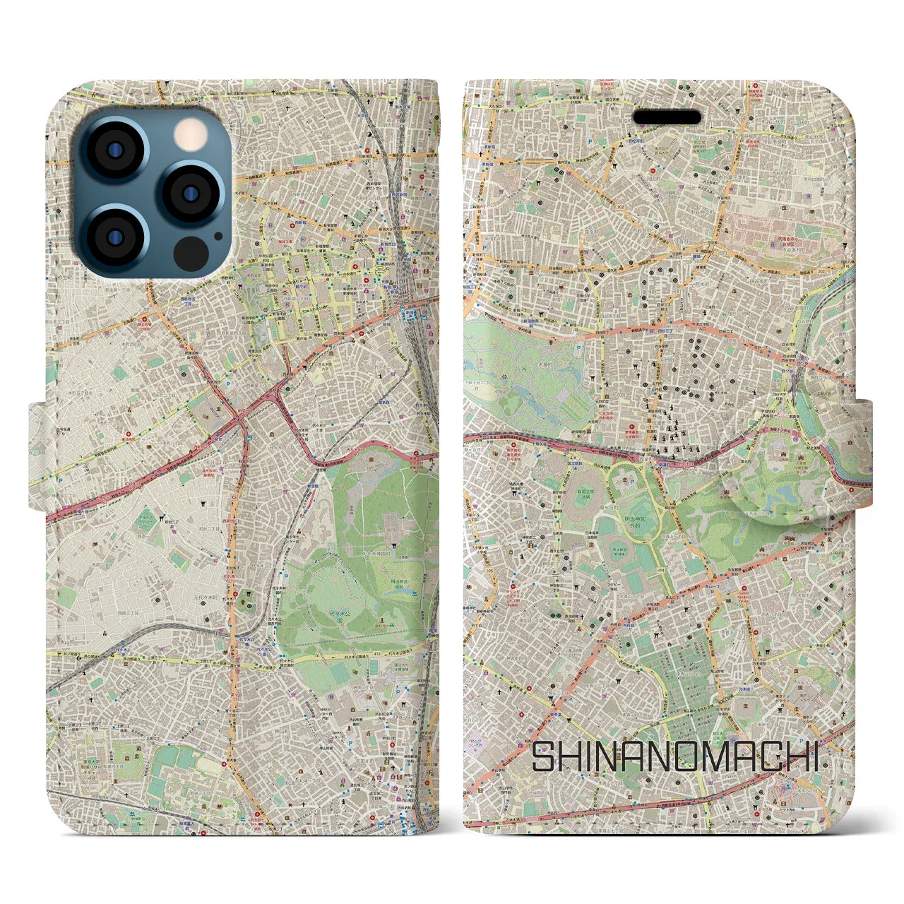【信濃町(東京都)】地図柄iPhoneケース(手帳タイプ)ナチュラル・iPhone 12 / 12 Pro 用
