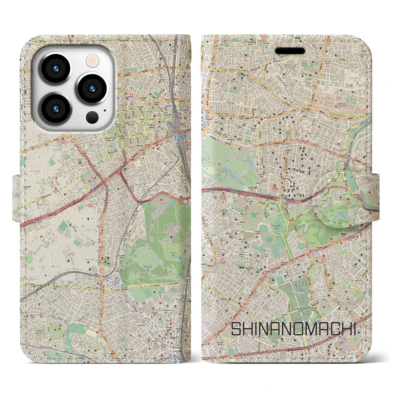 【信濃町(東京都)】地図柄iPhoneケース(手帳タイプ)ナチュラル・iPhone 13 Pro 用