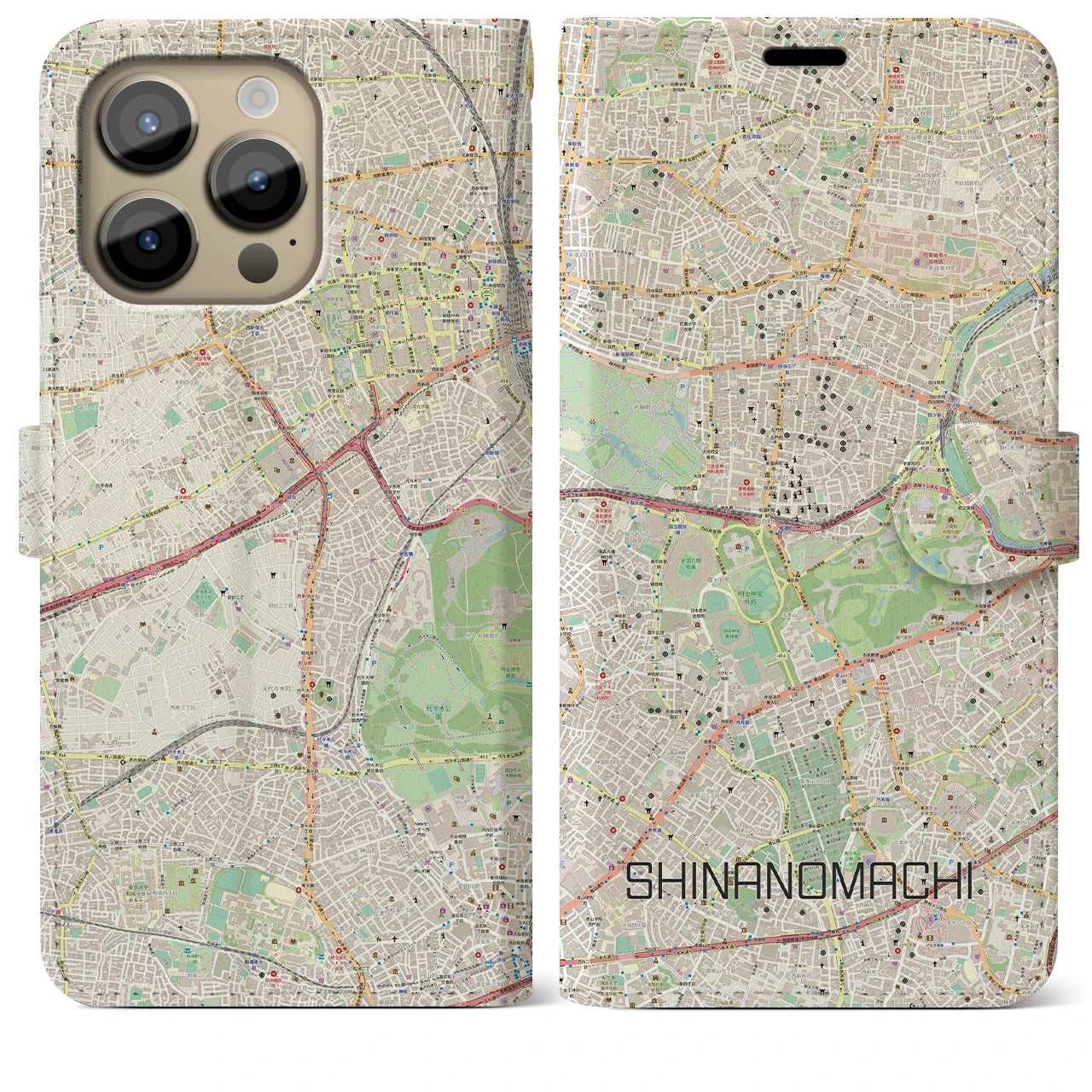 【信濃町(東京都)】地図柄iPhoneケース(手帳タイプ)ナチュラル・iPhone 14 Pro Max 用