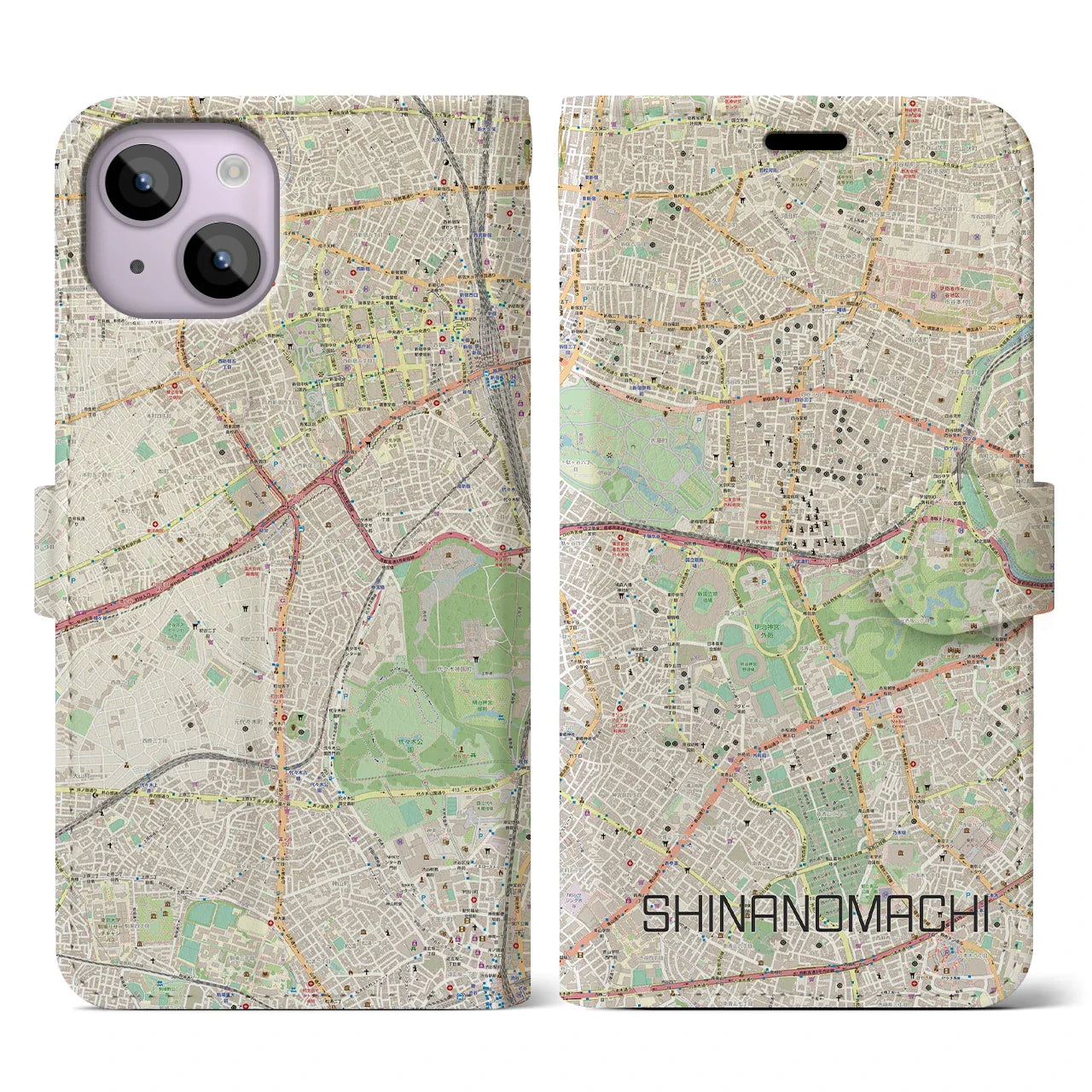 【信濃町(東京都)】地図柄iPhoneケース(手帳タイプ)ナチュラル・iPhone 14 用