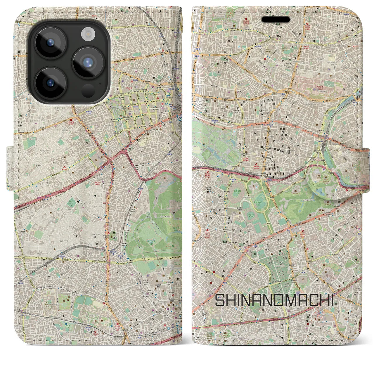 【信濃町(東京都)】地図柄iPhoneケース(手帳タイプ)ナチュラル・iPhone 15 Pro Max 用