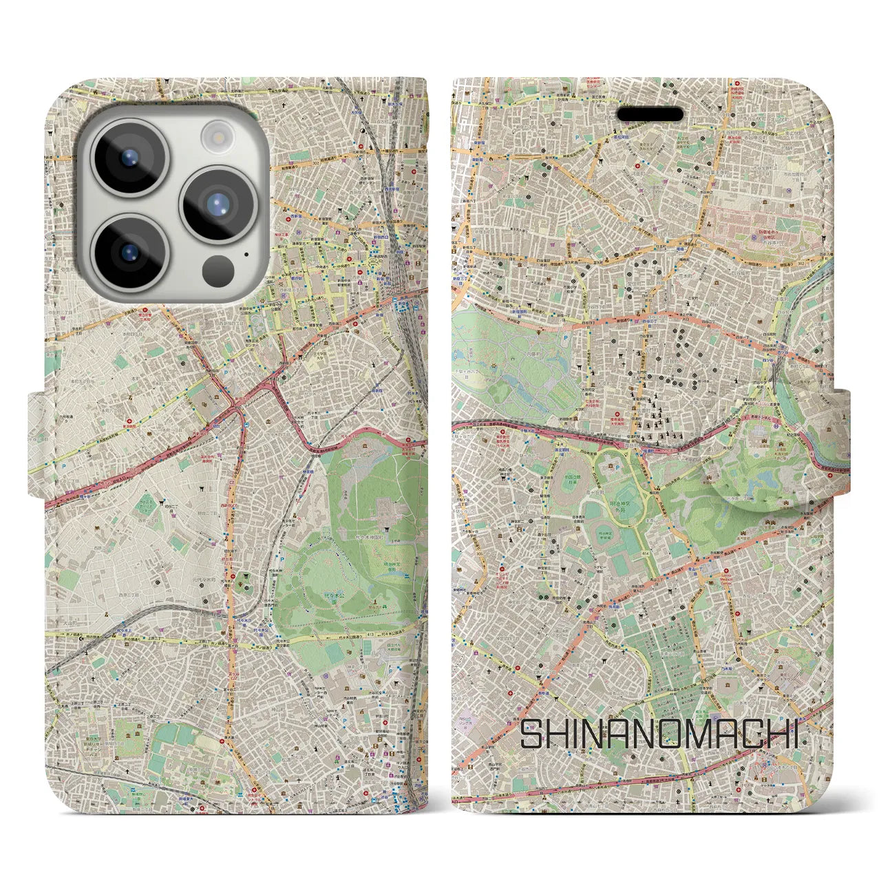 【信濃町(東京都)】地図柄iPhoneケース(手帳タイプ)ナチュラル・iPhone 15 Pro 用