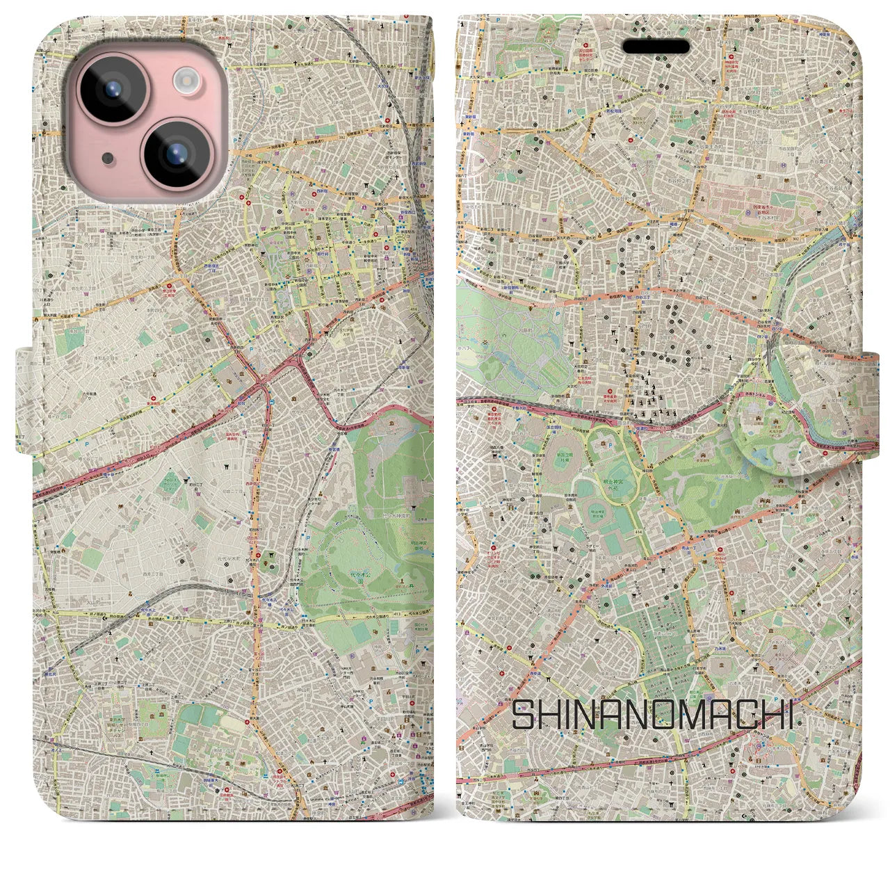 【信濃町(東京都)】地図柄iPhoneケース(手帳タイプ)ナチュラル・iPhone 15 Plus 用