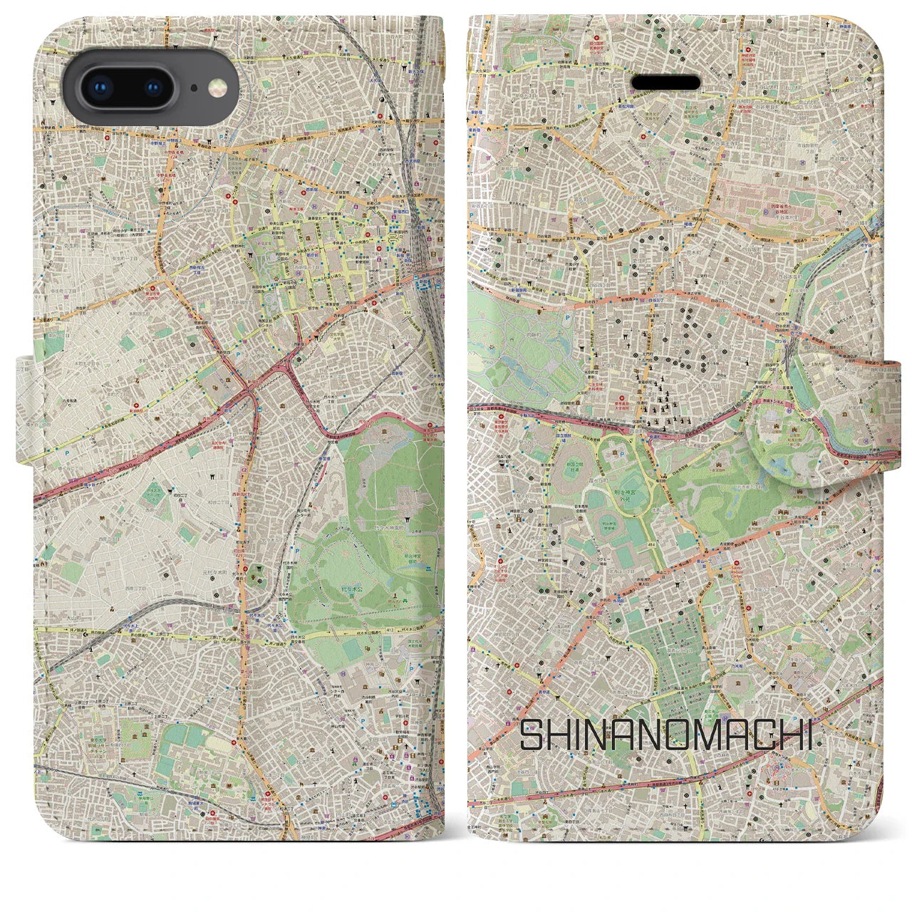 【信濃町(東京都)】地図柄iPhoneケース(手帳タイプ)ナチュラル・iPhone 8Plus /7Plus / 6sPlus / 6Plus 用