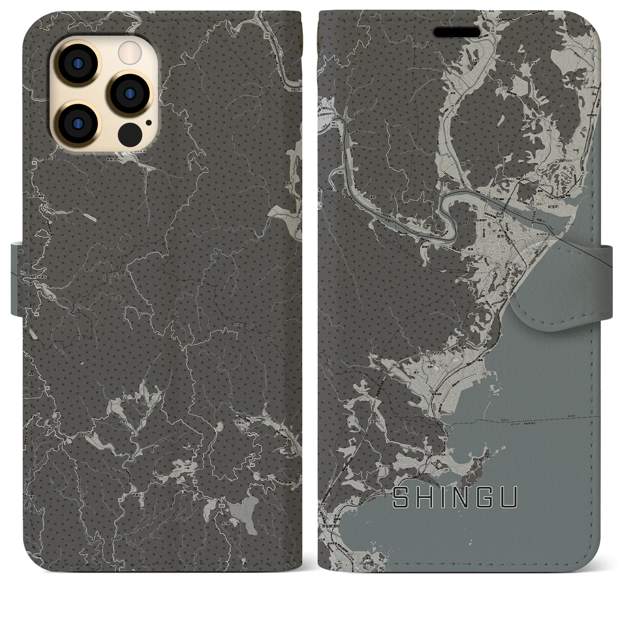 【新宮(和歌山県)】地図柄iPhoneケース(手帳タイプ)モノトーン・iPhone 12 Pro Max 用