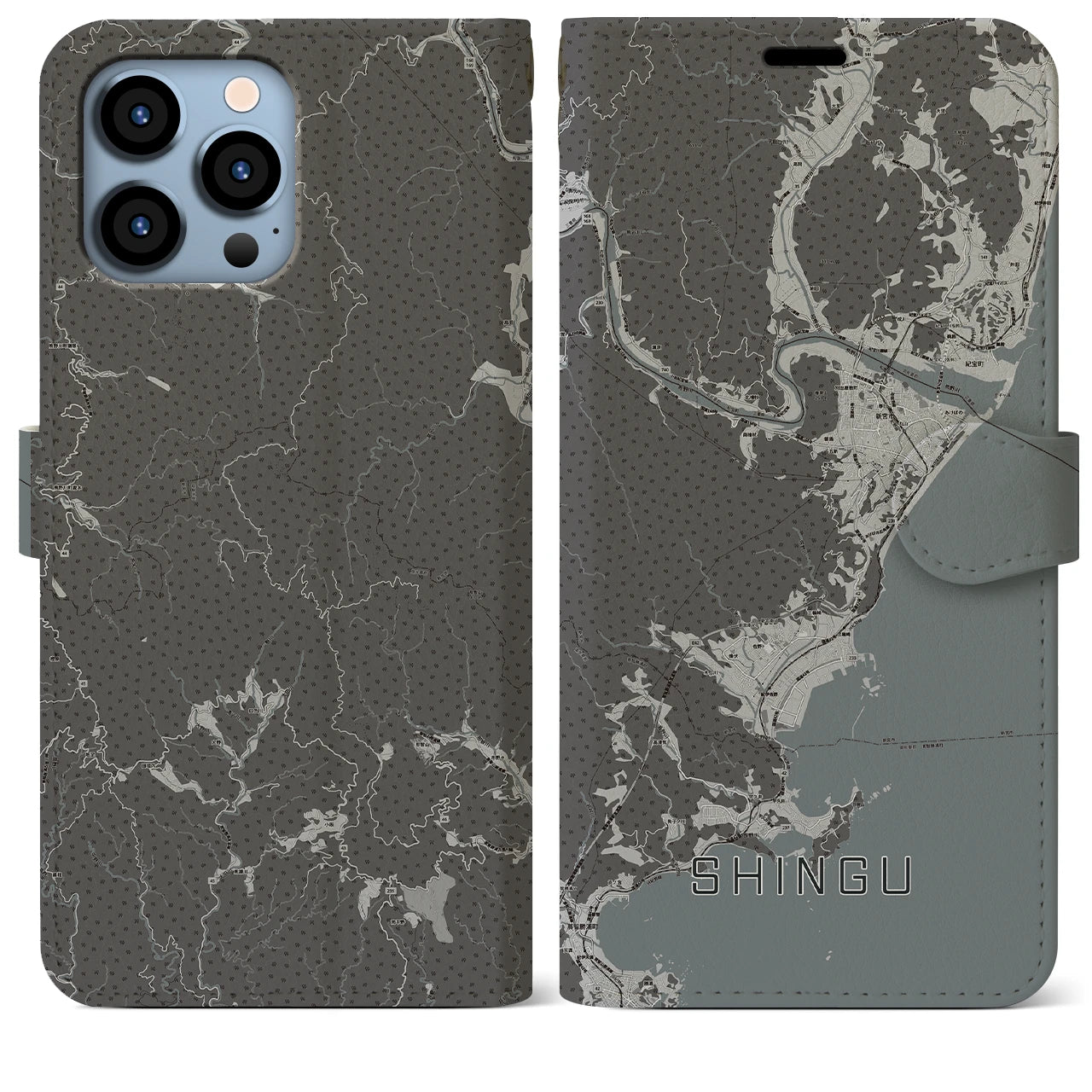 【新宮(和歌山県)】地図柄iPhoneケース(手帳タイプ)モノトーン・iPhone 13 Pro Max 用