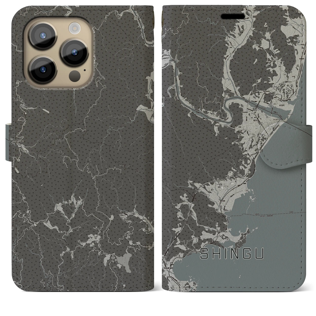 【新宮(和歌山県)】地図柄iPhoneケース(手帳タイプ)モノトーン・iPhone 14 Pro Max 用