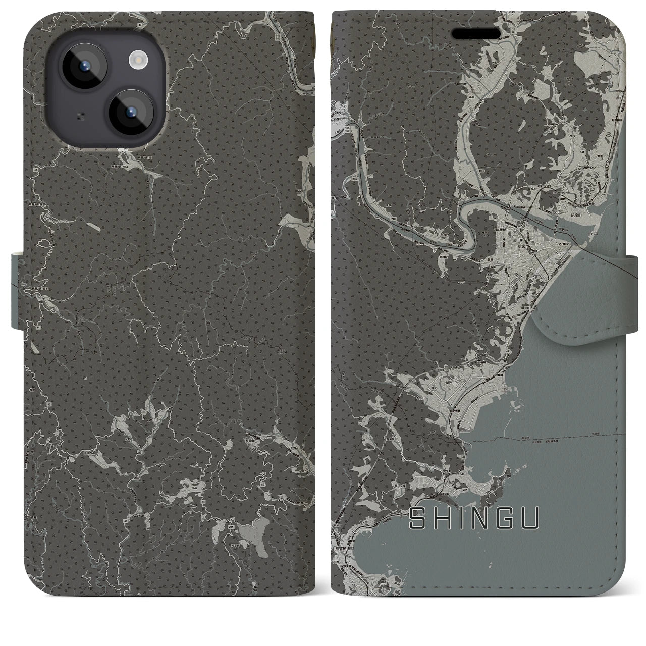 【新宮(和歌山県)】地図柄iPhoneケース(手帳タイプ)モノトーン・iPhone 14 Plus 用