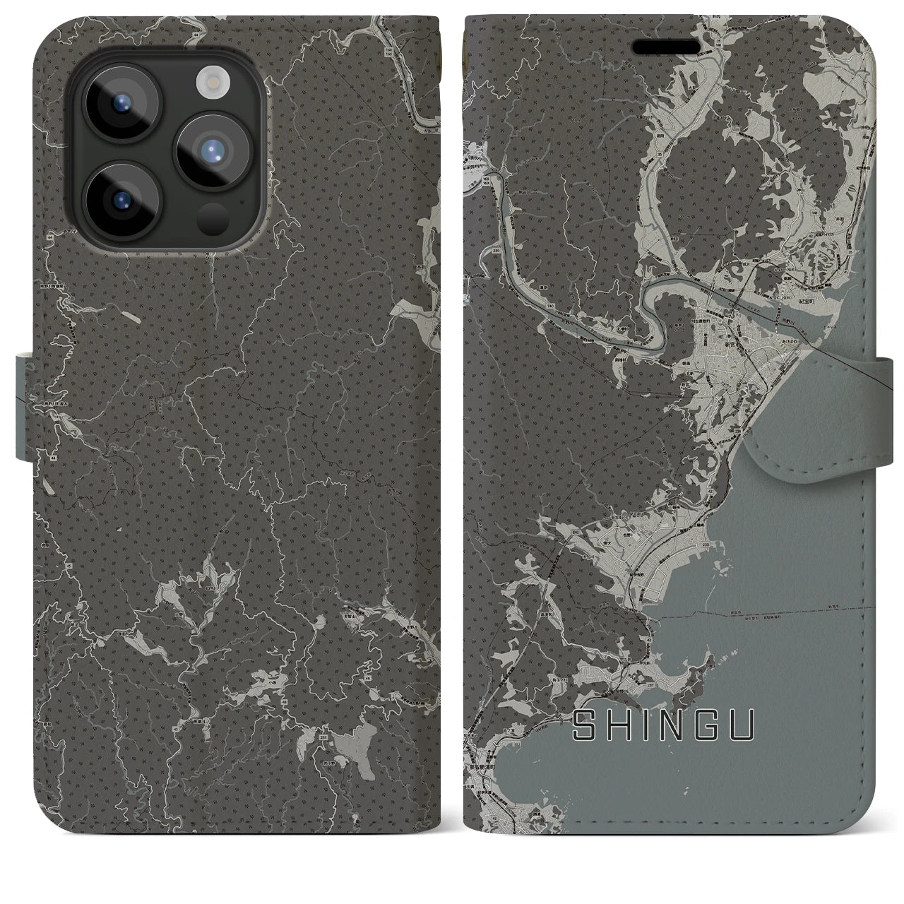 【新宮(和歌山県)】地図柄iPhoneケース(手帳タイプ)モノトーン・iPhone 15 Pro Max 用