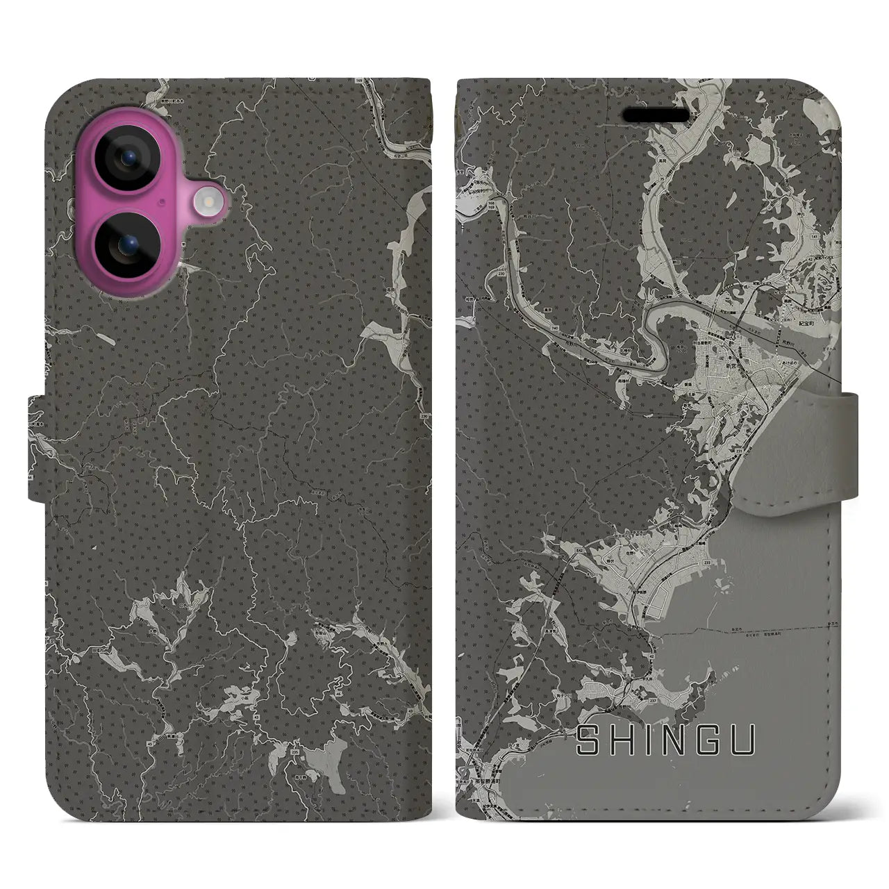 【新宮(和歌山県)】地図柄iPhoneケース(手帳タイプ)モノトーン・iPhone 16 Pro 用