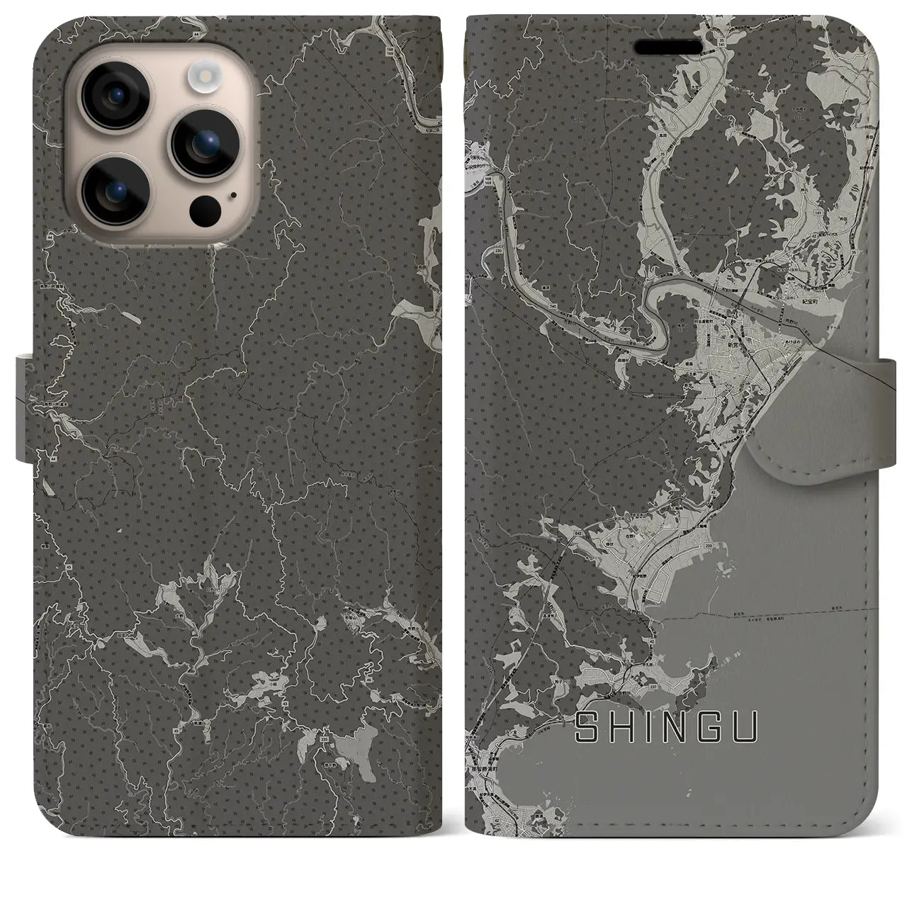 【新宮(和歌山県)】地図柄iPhoneケース(手帳タイプ)モノトーン・iPhone 16 Plus 用