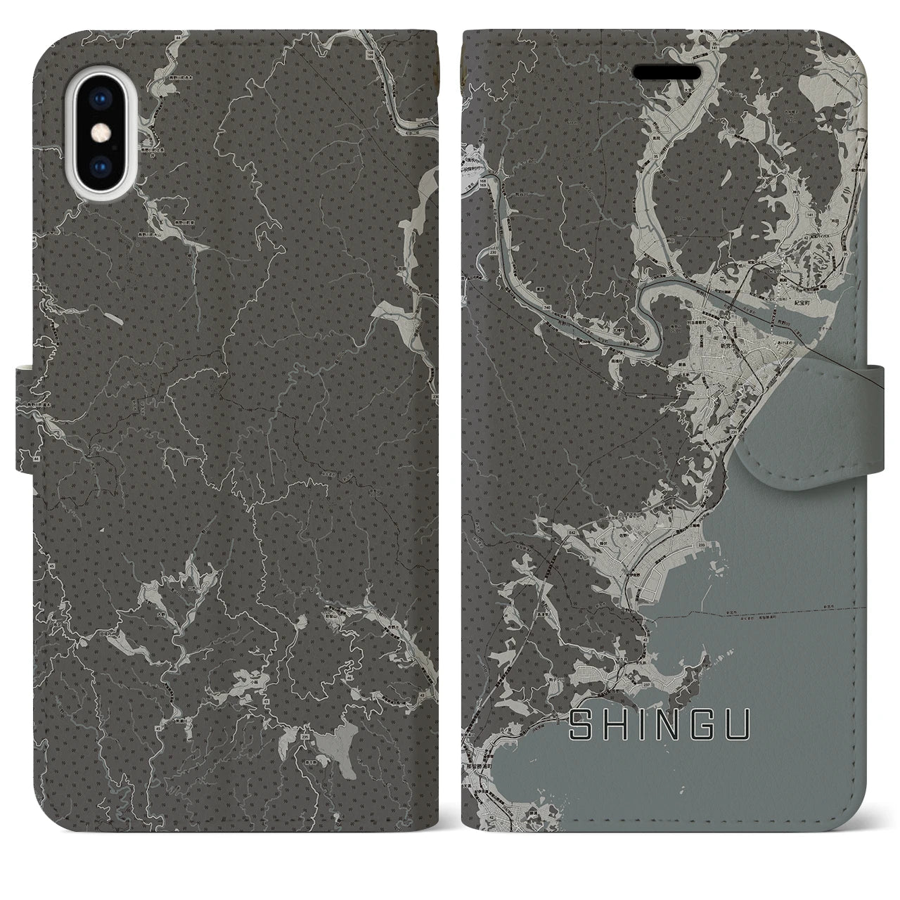 【新宮(和歌山県)】地図柄iPhoneケース(手帳タイプ)モノトーン・iPhone XS Max 用