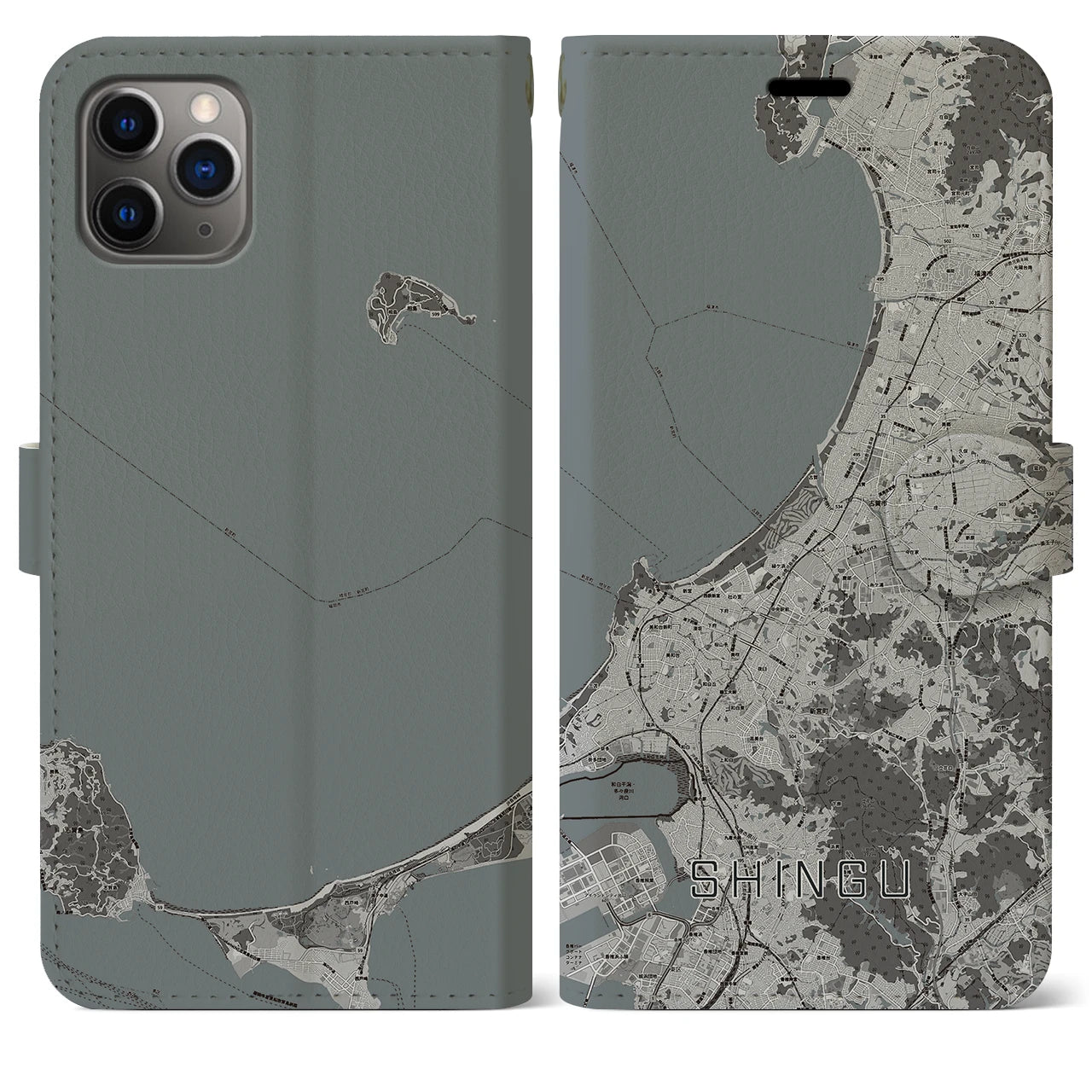 【新宮(福岡県)】地図柄iPhoneケース(手帳タイプ)モノトーン・iPhone 11 Pro Max 用