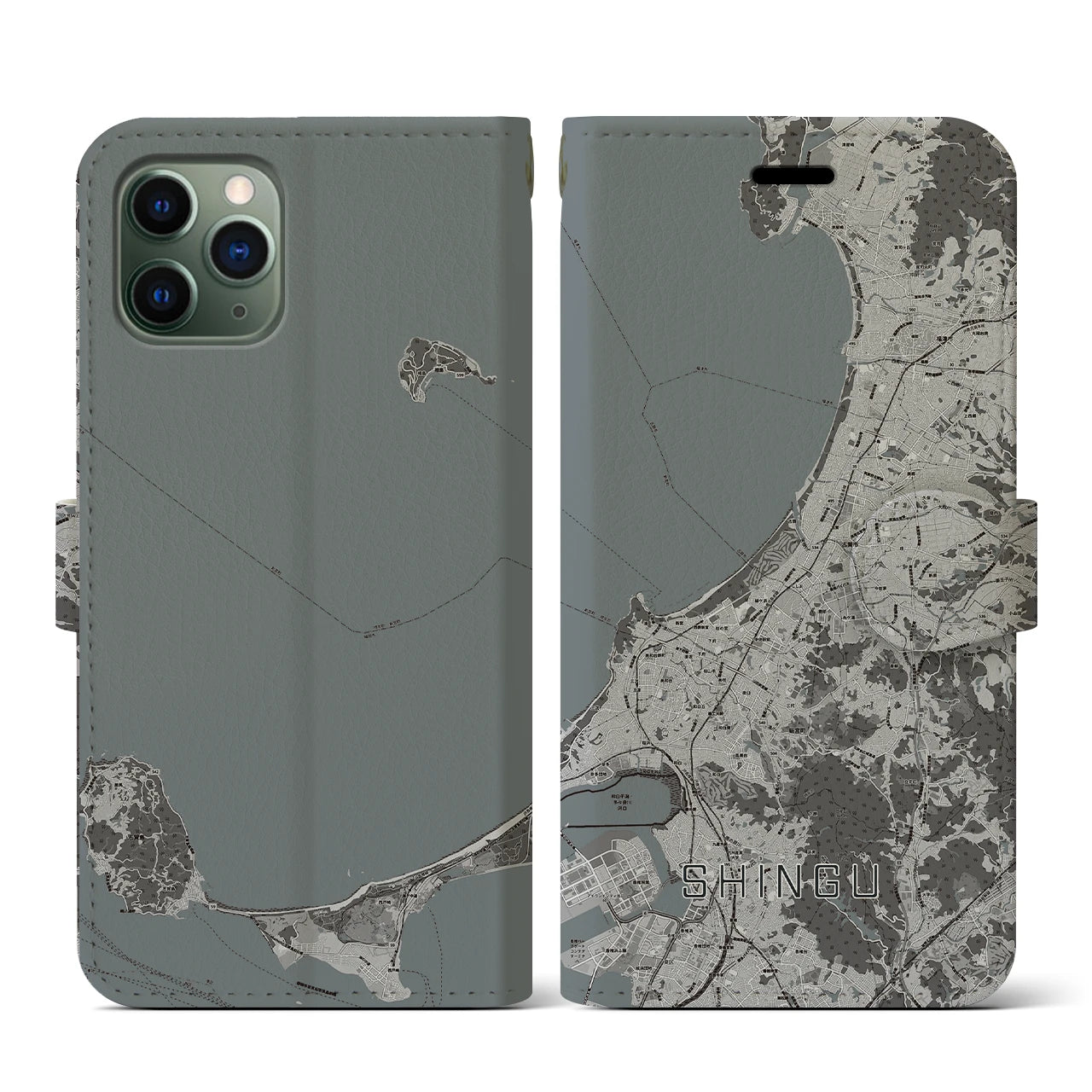 【新宮(福岡県)】地図柄iPhoneケース(手帳タイプ)モノトーン・iPhone 11 Pro 用