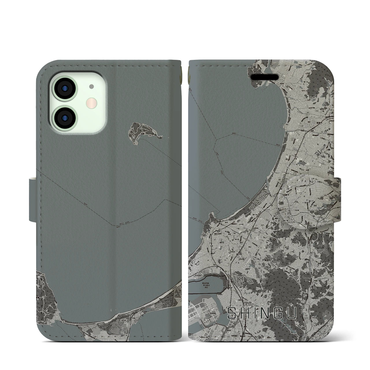 【新宮(福岡県)】地図柄iPhoneケース(手帳タイプ)モノトーン・iPhone 12 mini 用