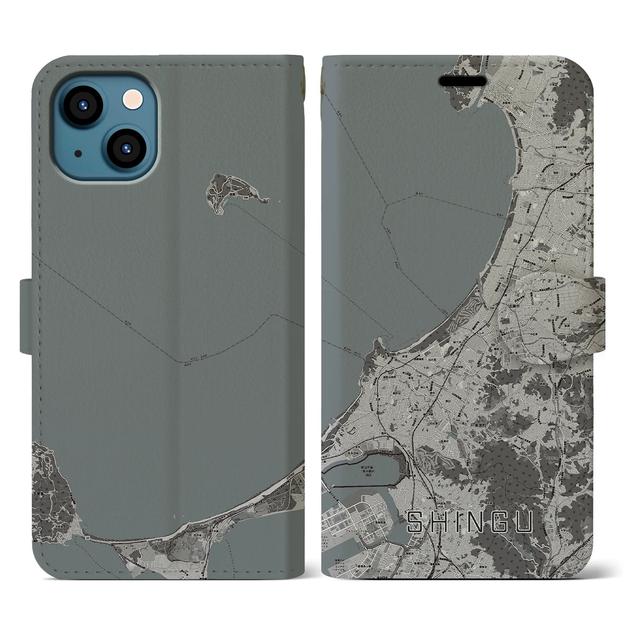【新宮(福岡県)】地図柄iPhoneケース(手帳タイプ)モノトーン・iPhone 13 用