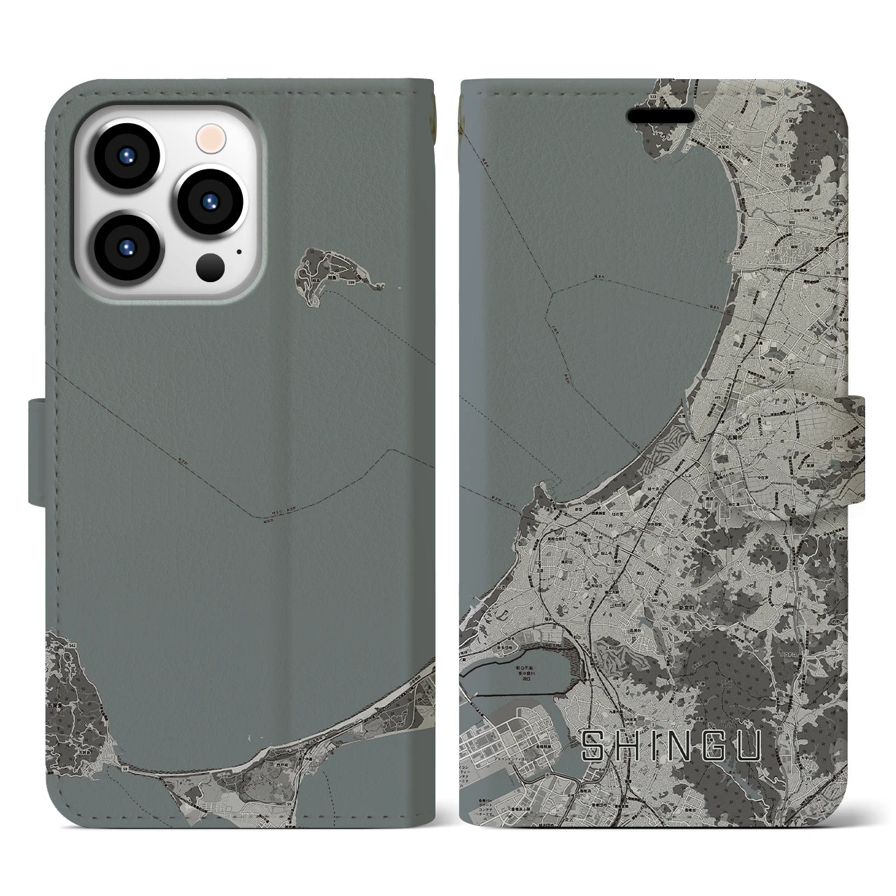 【新宮(福岡県)】地図柄iPhoneケース(手帳タイプ)モノトーン・iPhone 13 Pro 用