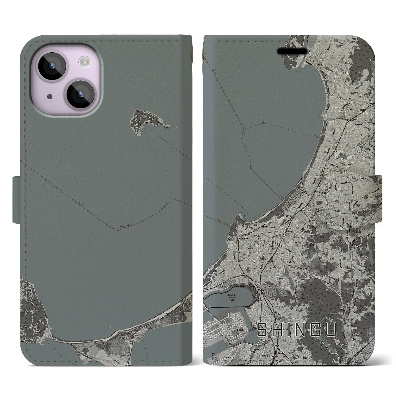 【新宮(福岡県)】地図柄iPhoneケース(手帳タイプ)モノトーン・iPhone 14 用