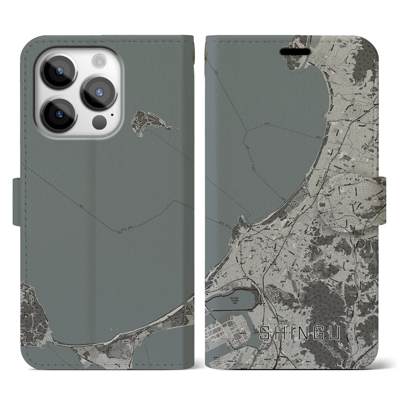 【新宮(福岡県)】地図柄iPhoneケース(手帳タイプ)モノトーン・iPhone 14 Pro 用