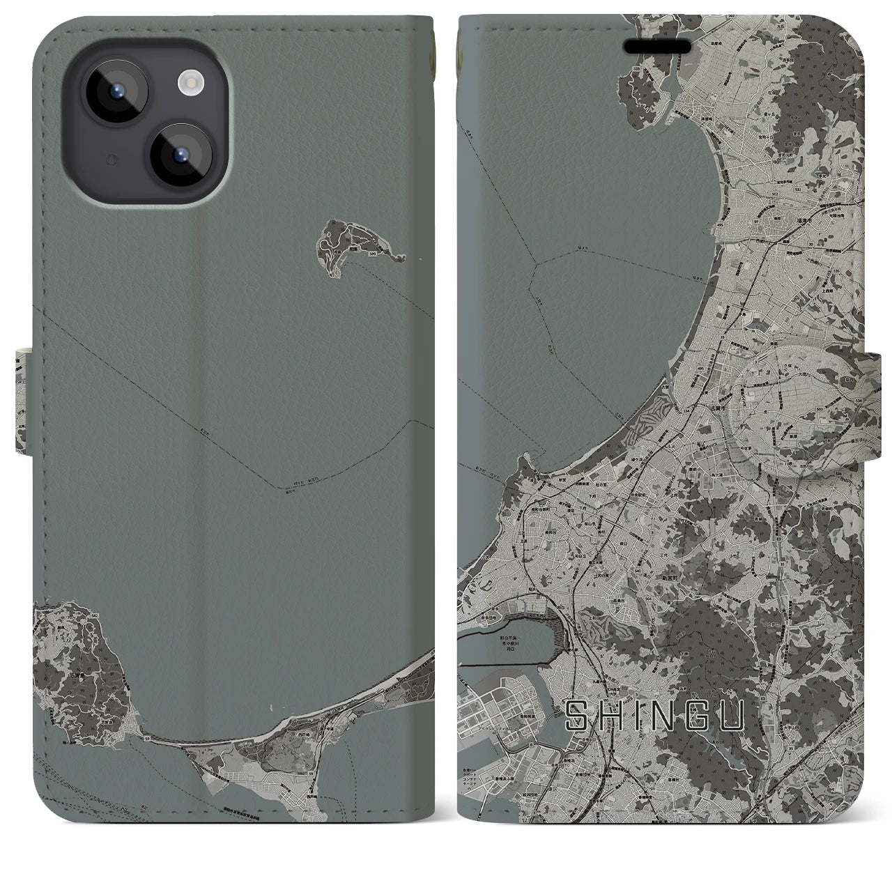 【新宮(福岡県)】地図柄iPhoneケース(手帳タイプ)モノトーン・iPhone 14 Plus 用