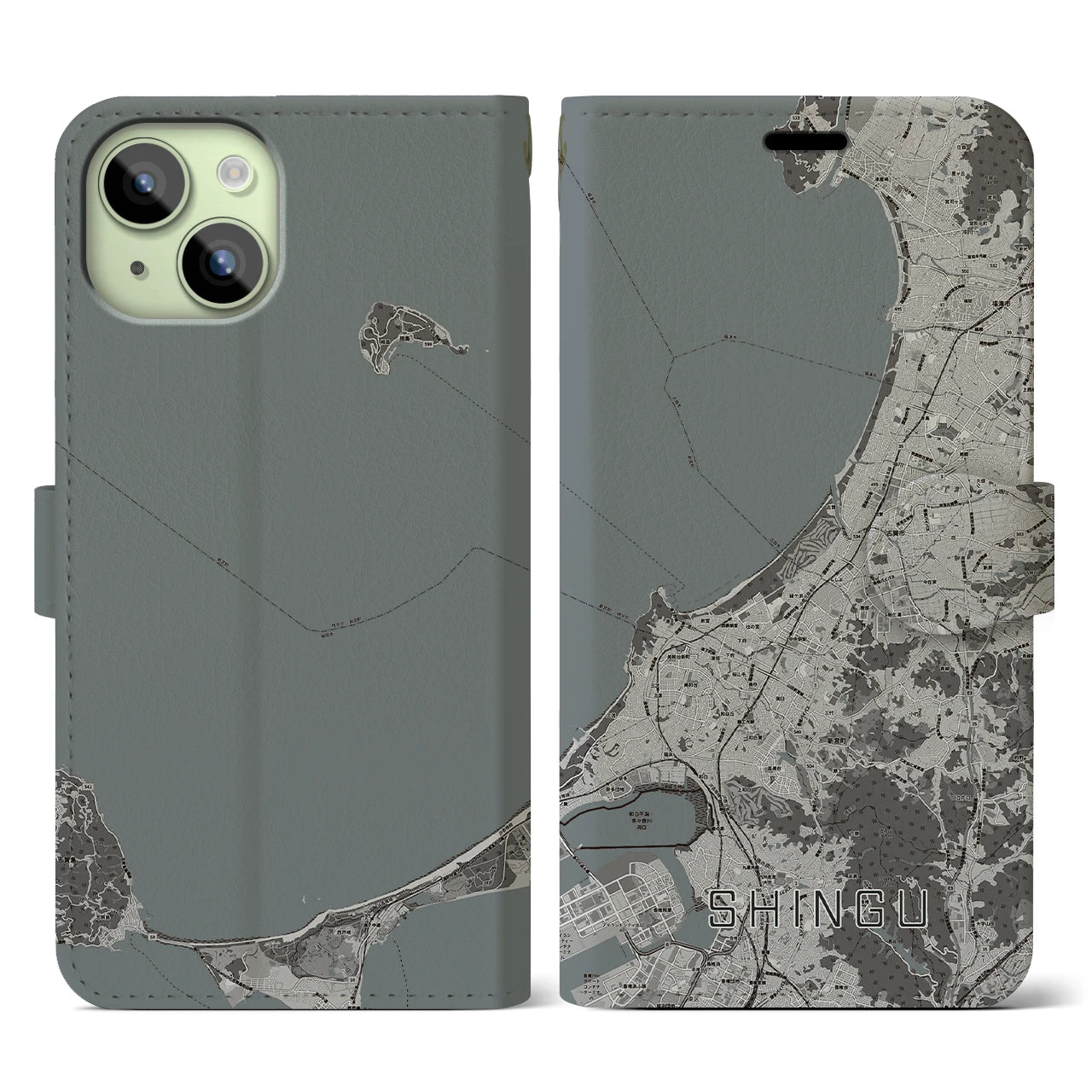 【新宮(福岡県)】地図柄iPhoneケース(手帳タイプ)モノトーン・iPhone 15 用