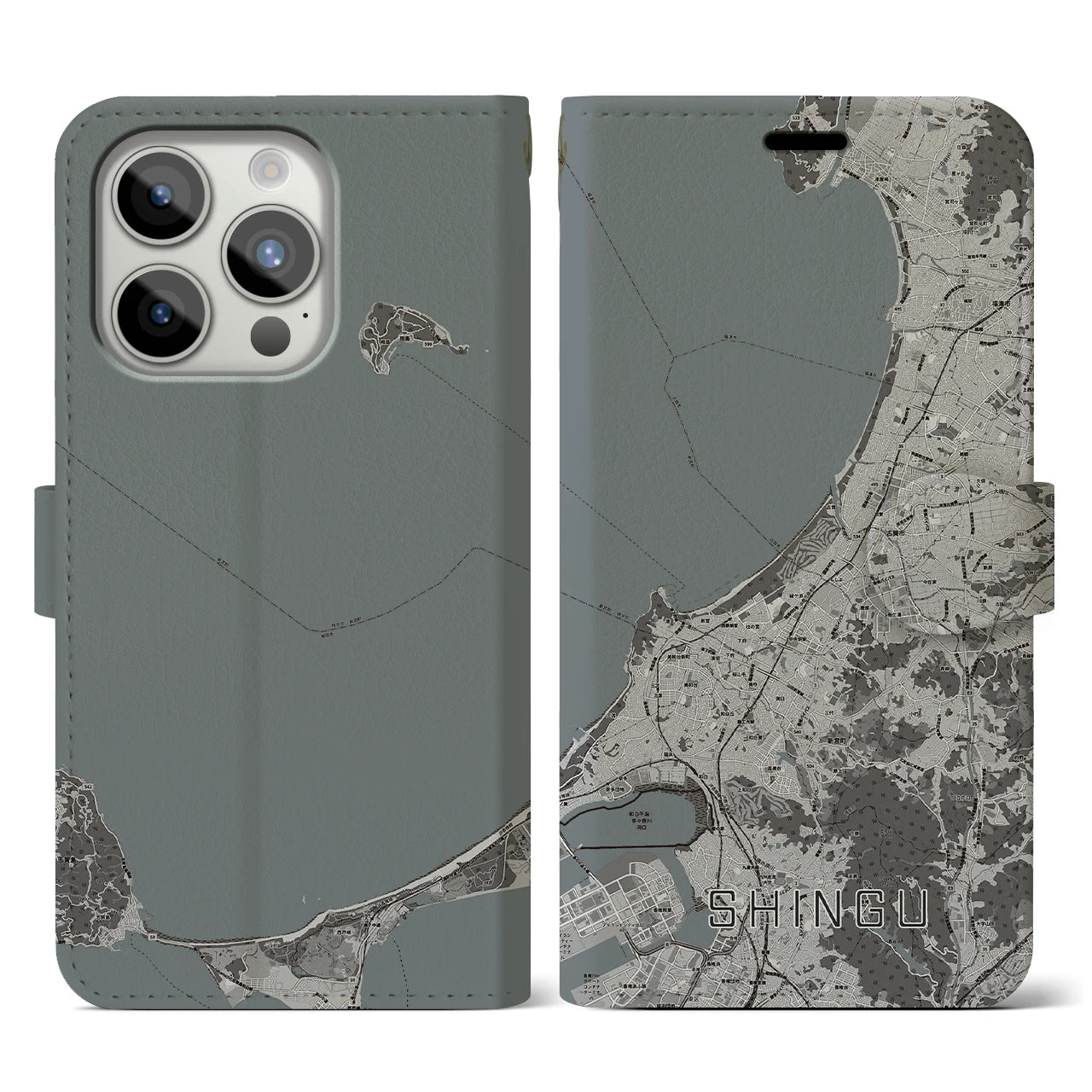 【新宮(福岡県)】地図柄iPhoneケース(手帳タイプ)モノトーン・iPhone 15 Pro 用
