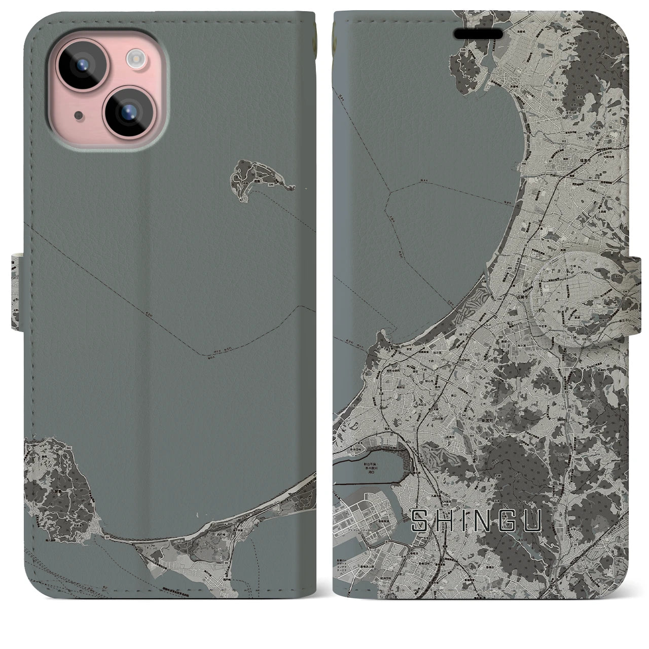 【新宮(福岡県)】地図柄iPhoneケース(手帳タイプ)モノトーン・iPhone 15 Plus 用