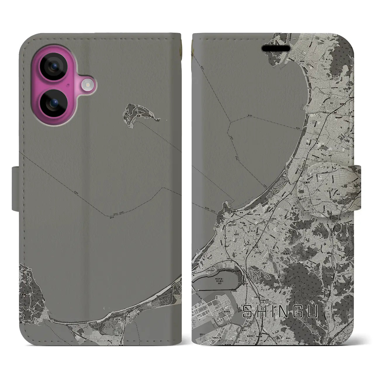 【新宮(福岡県)】地図柄iPhoneケース(手帳タイプ)モノトーン・iPhone 16 Pro 用