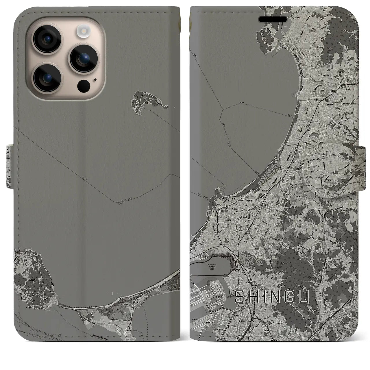 【新宮(福岡県)】地図柄iPhoneケース(手帳タイプ)モノトーン・iPhone 16 Plus 用