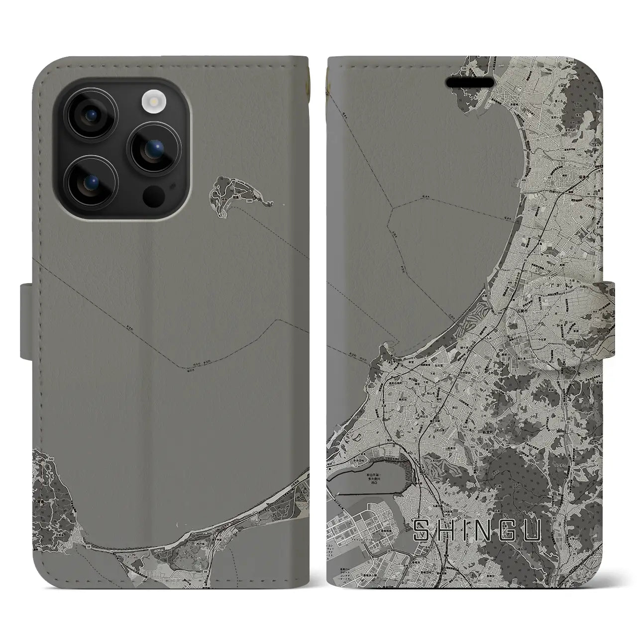【新宮(福岡県)】地図柄iPhoneケース(手帳タイプ)モノトーン・iPhone 16 用