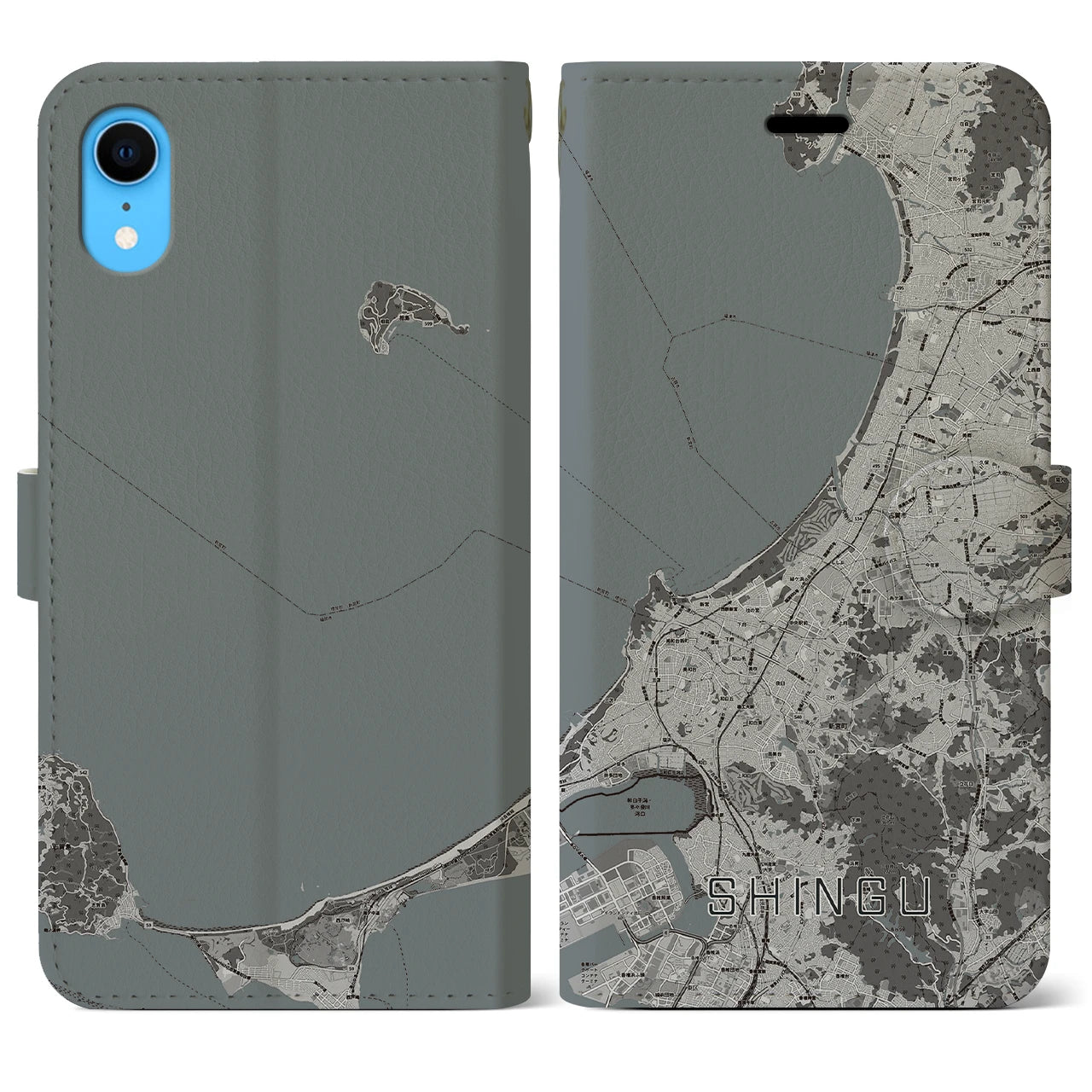 【新宮(福岡県)】地図柄iPhoneケース(手帳タイプ)モノトーン・iPhone XR 用