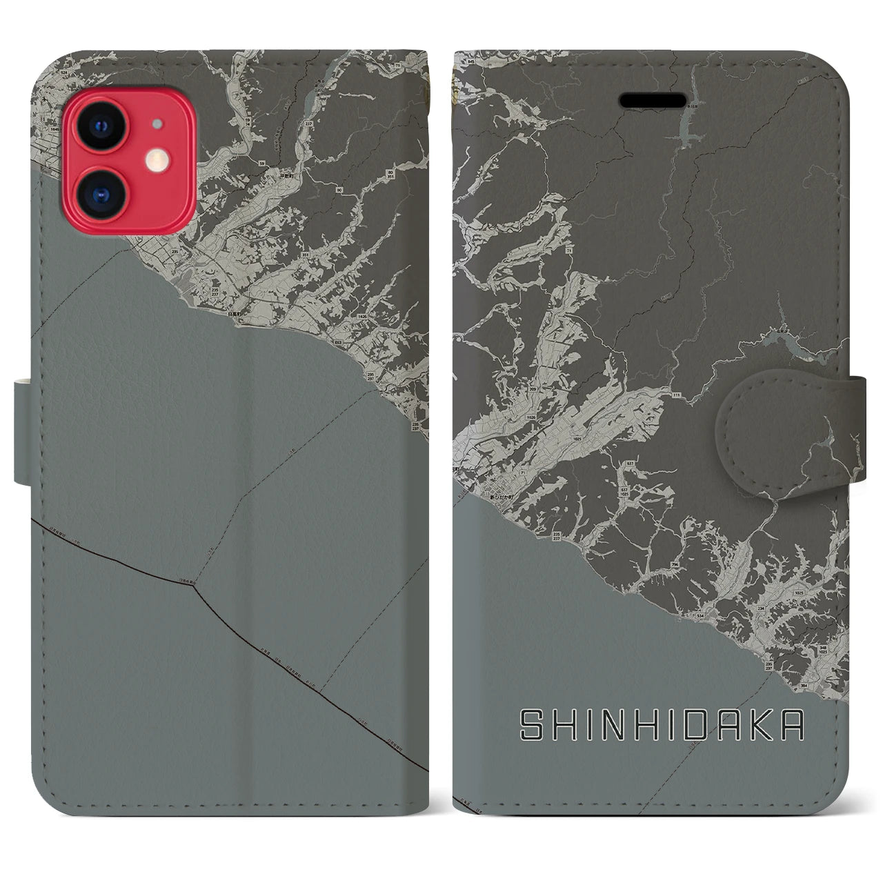 【新ひだか(北海道)】地図柄iPhoneケース(手帳タイプ)モノトーン・iPhone 11 用