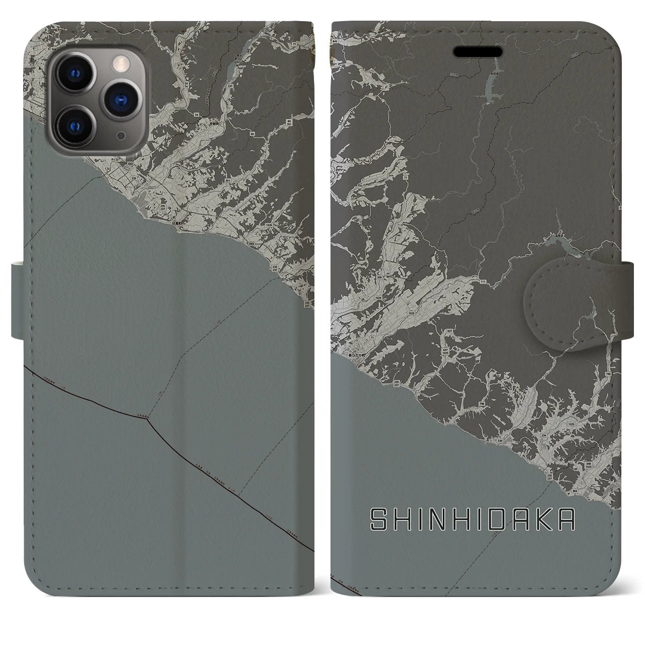 【新ひだか(北海道)】地図柄iPhoneケース(手帳タイプ)モノトーン・iPhone 11 Pro Max 用