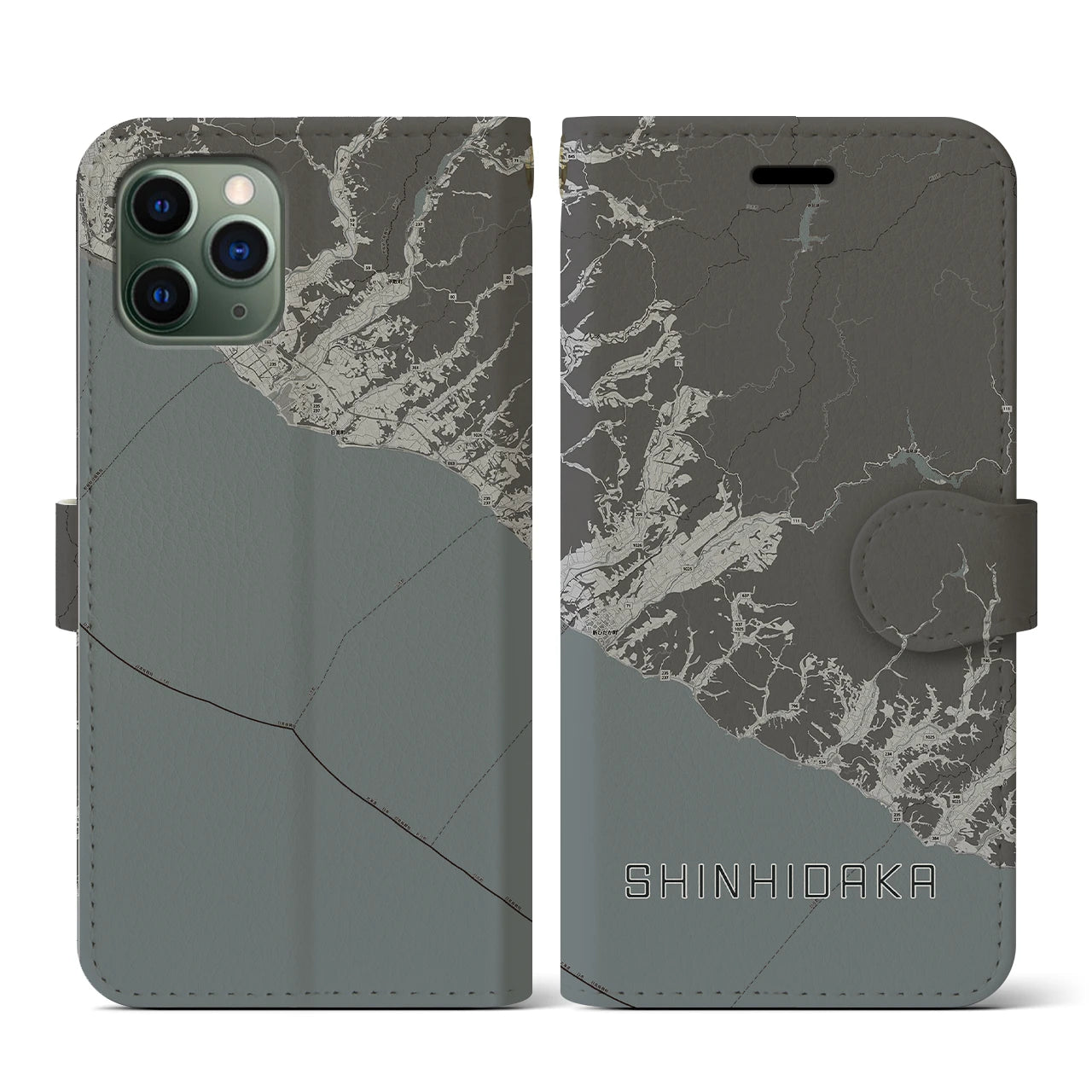 【新ひだか(北海道)】地図柄iPhoneケース(手帳タイプ)モノトーン・iPhone 11 Pro 用