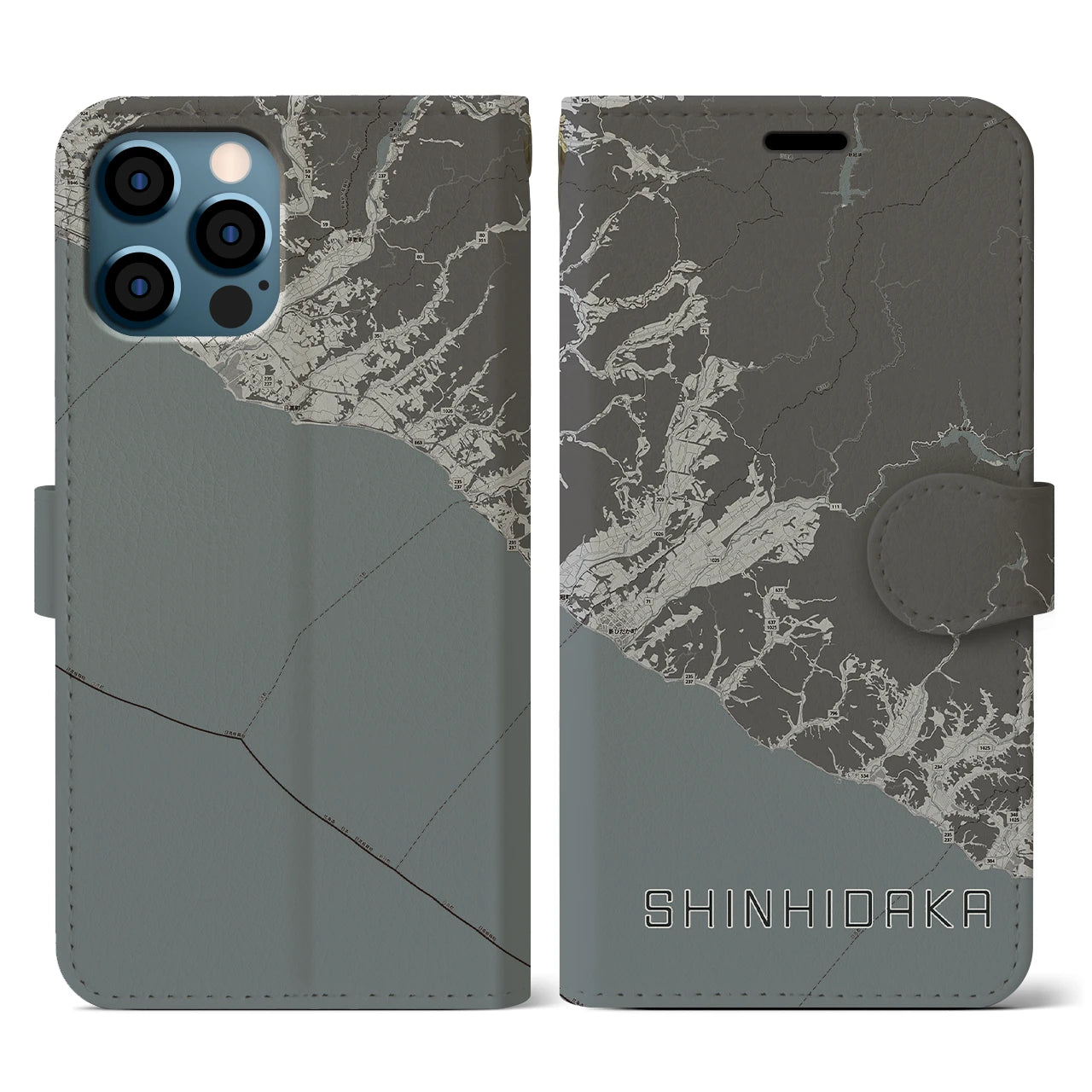 【新ひだか(北海道)】地図柄iPhoneケース(手帳タイプ)モノトーン・iPhone 12 / 12 Pro 用