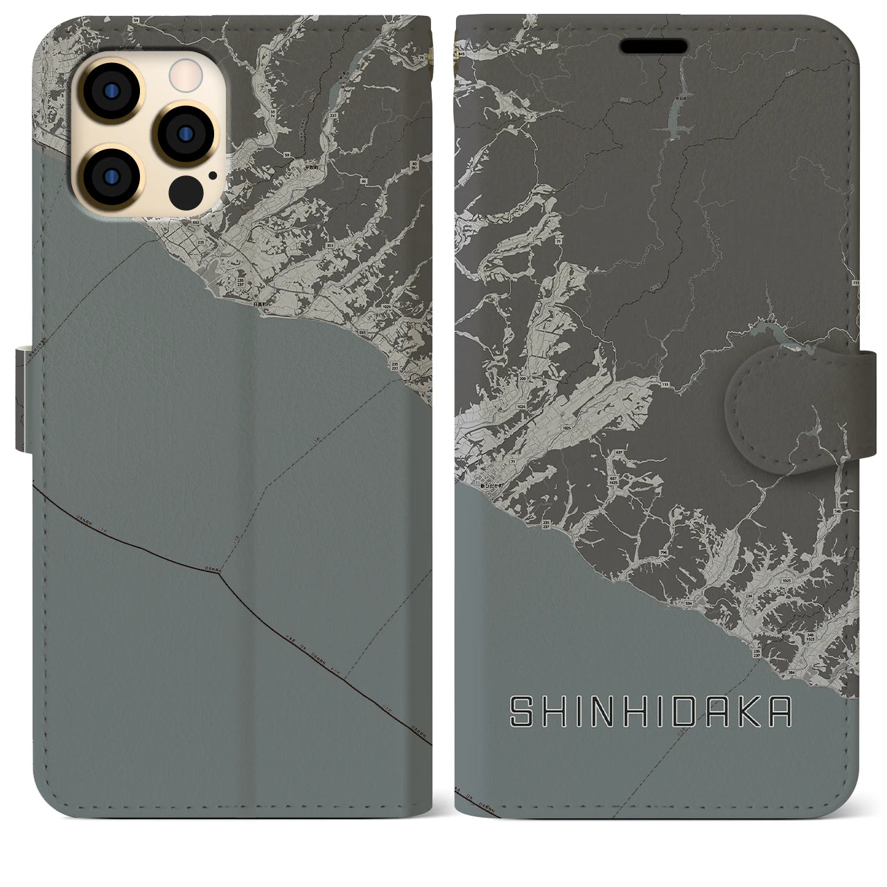 【新ひだか(北海道)】地図柄iPhoneケース(手帳タイプ)モノトーン・iPhone 12 Pro Max 用