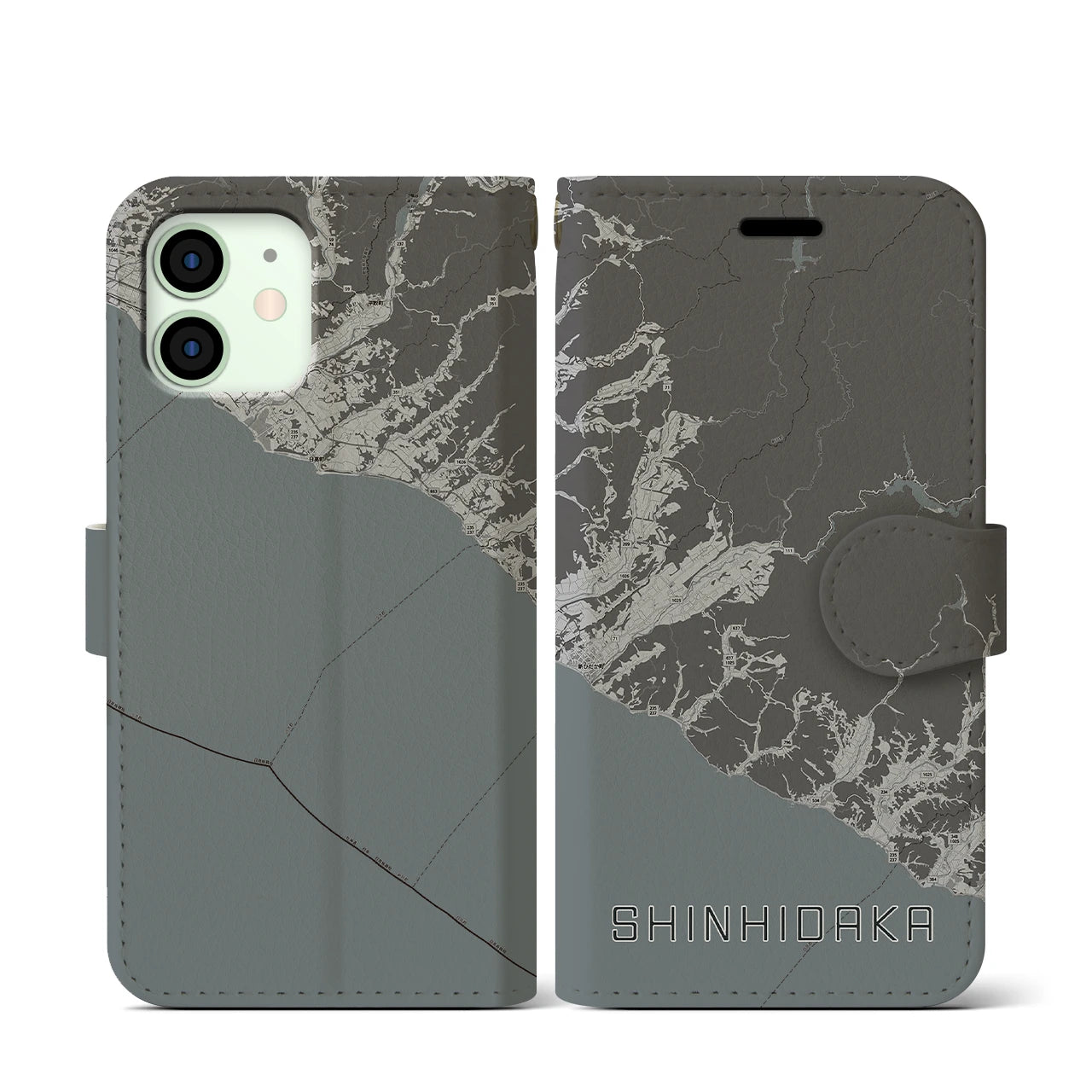 【新ひだか(北海道)】地図柄iPhoneケース(手帳タイプ)モノトーン・iPhone 12 mini 用